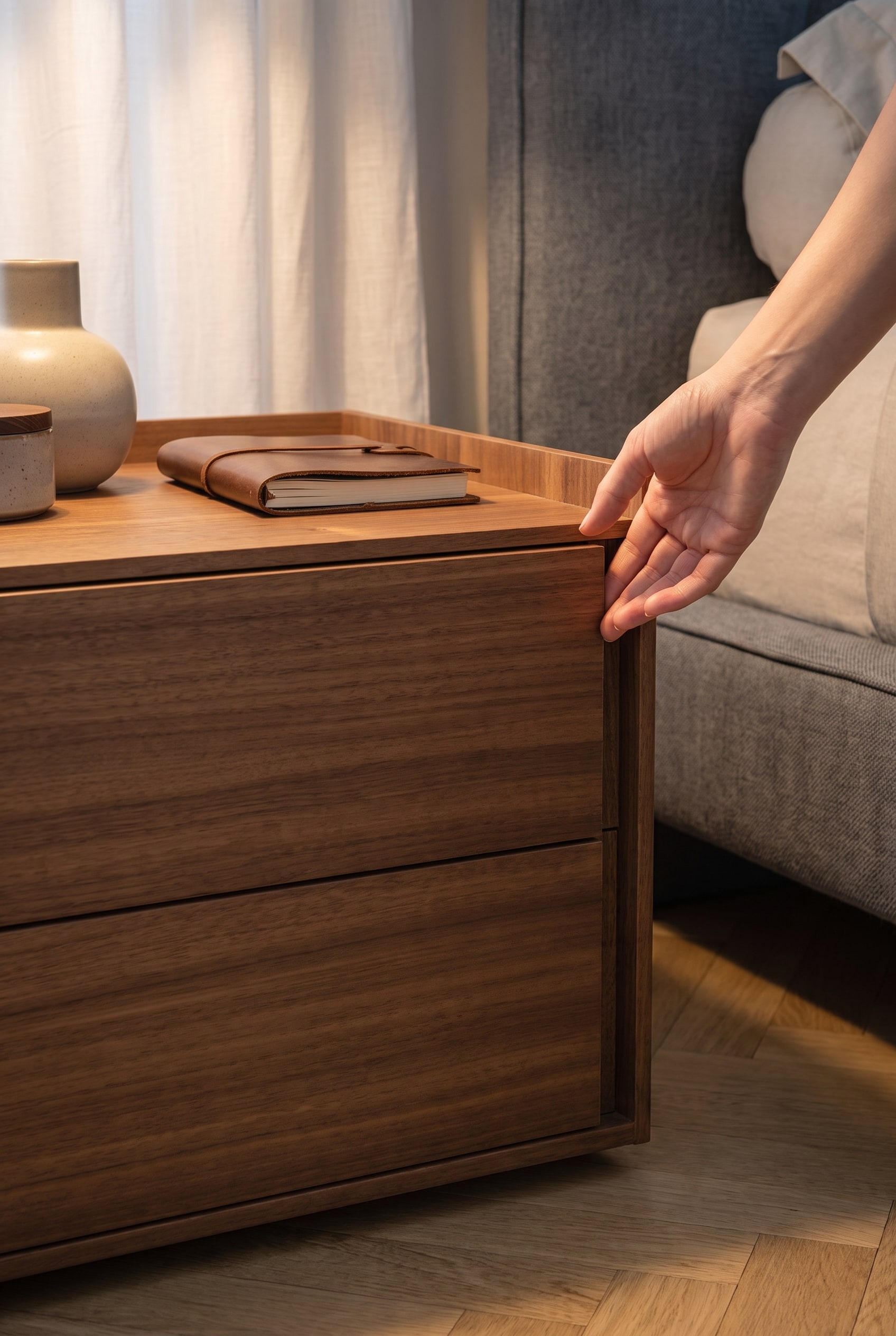 Een modern, greeploos nachtkastje met elegant ingefreesde handgreep, dat door zijn minimalistische design opvalt.