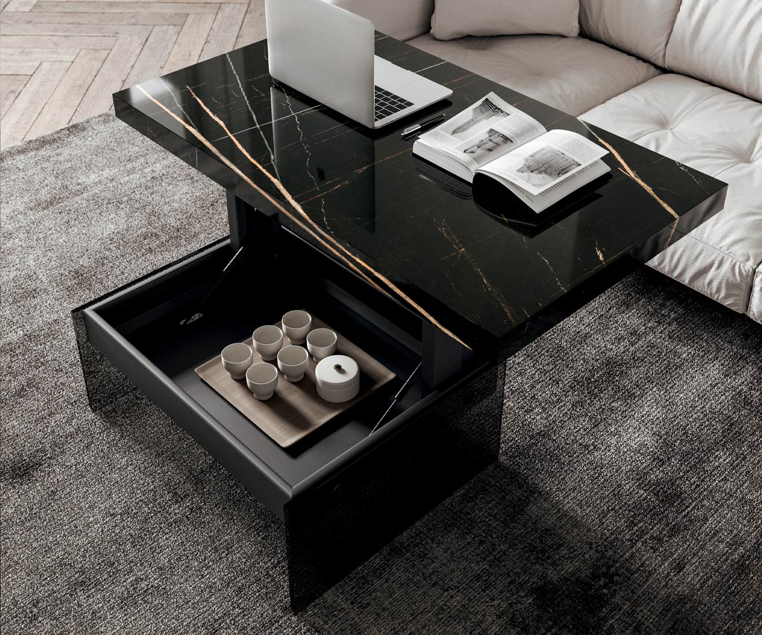 Open Bellagio coffee table from Ozzio with black marble glass table top Open Bellagio coffee table from Ozzio with black marble glass table top