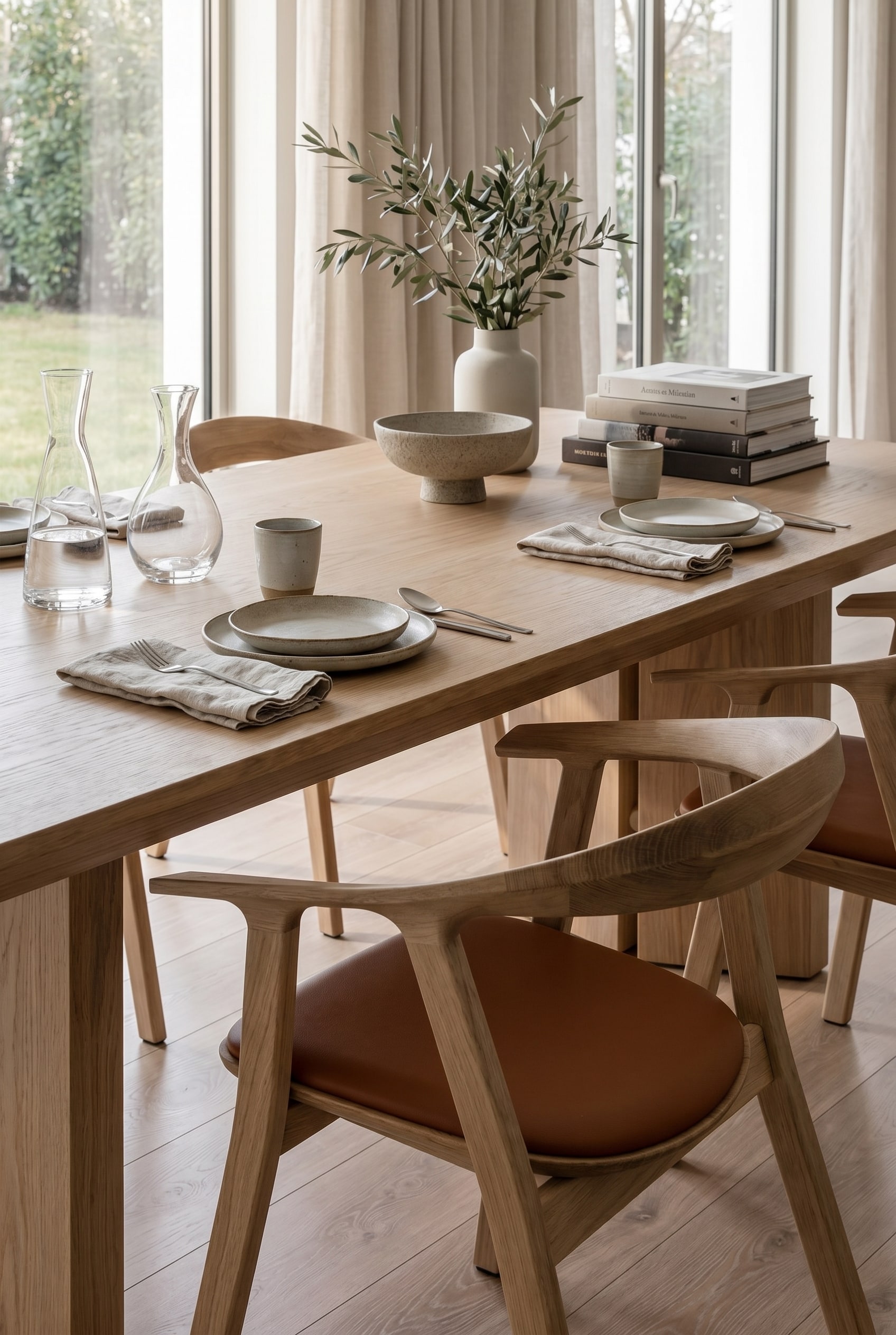 Sculpturale houten armstoel met cognac-kleurige lederen bekleding toont precieze afstand tot de massieve tafelrand