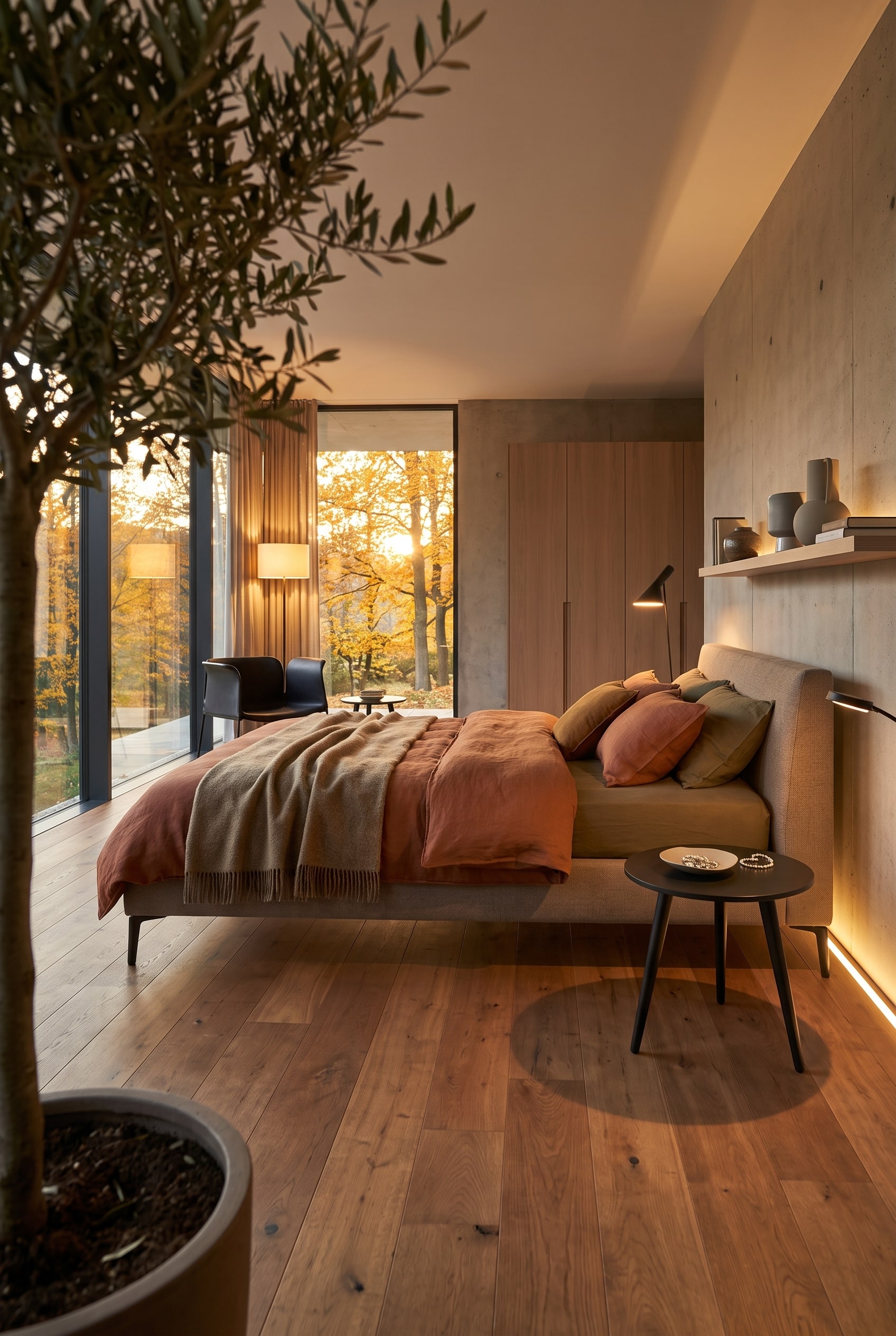 Minimalistische bijzettafel met filigrane poten op een lichte houten vloer naast een comfortabel bed, waardoor de ruimte optisch wordt vergroot