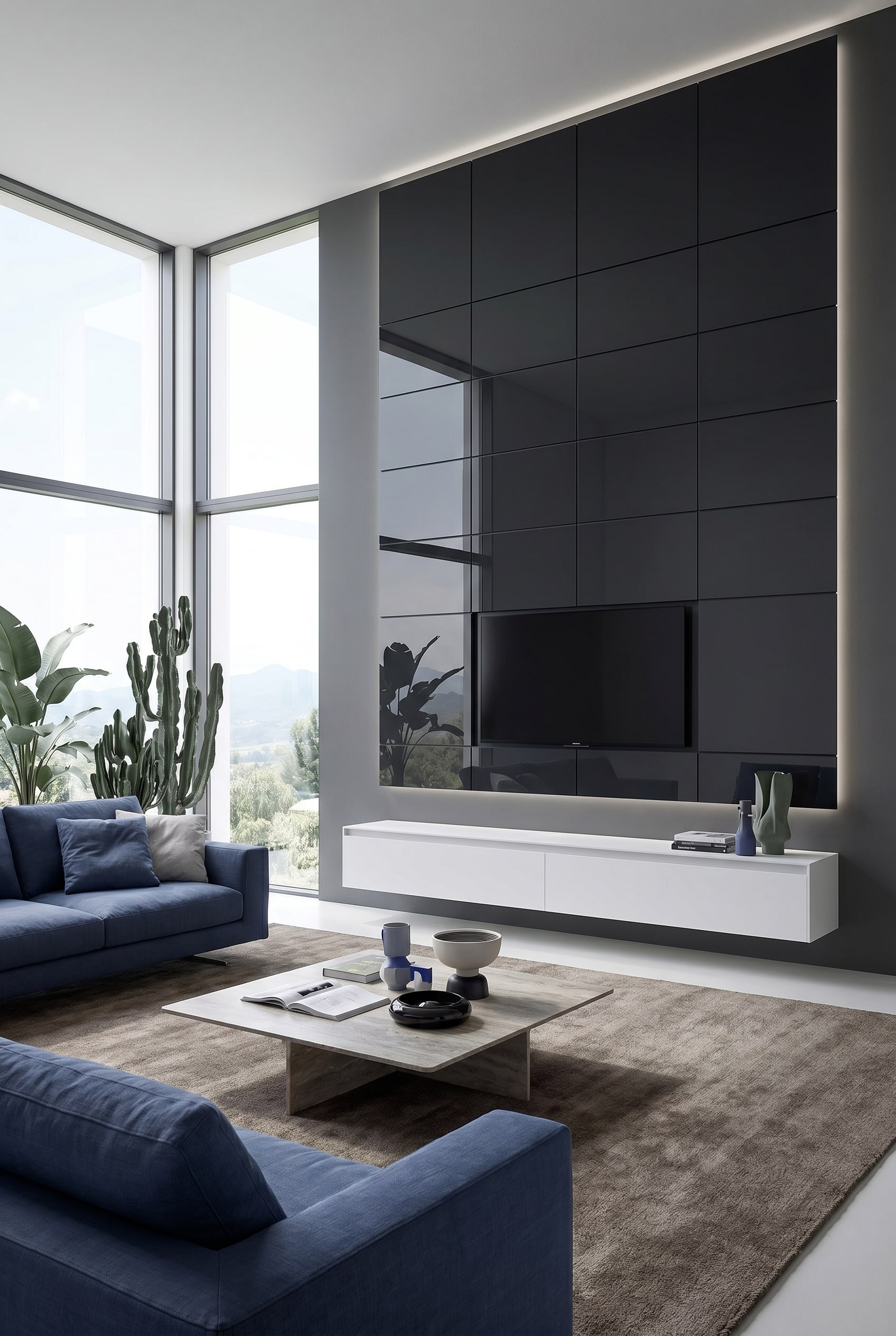 Wit greeploos lowboard voor antracietkleurige wand met vlak geïntegreerde Smart-TV