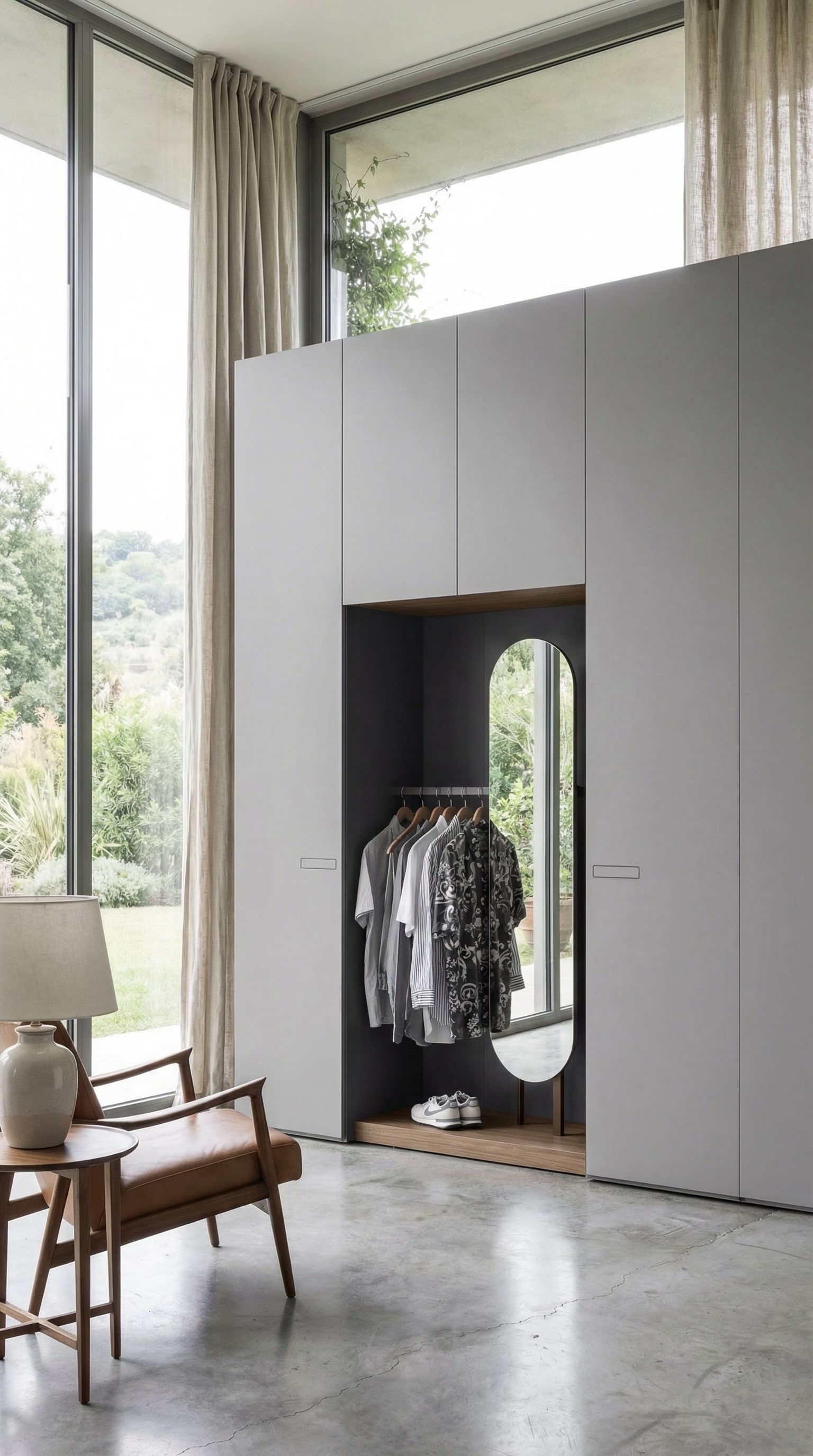 Une armoire moderne avec une niche de vestiaire ouverte intégrée au centre. Une armoire moderne avec une niche de vestiaire ouverte intégrée au centre.