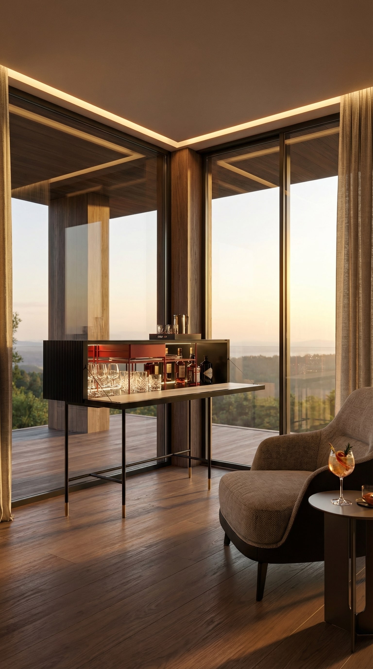 Capo d&acute;Opera Aero Bar Sideboard open, with sparkling glasses and bottles in the evening light.