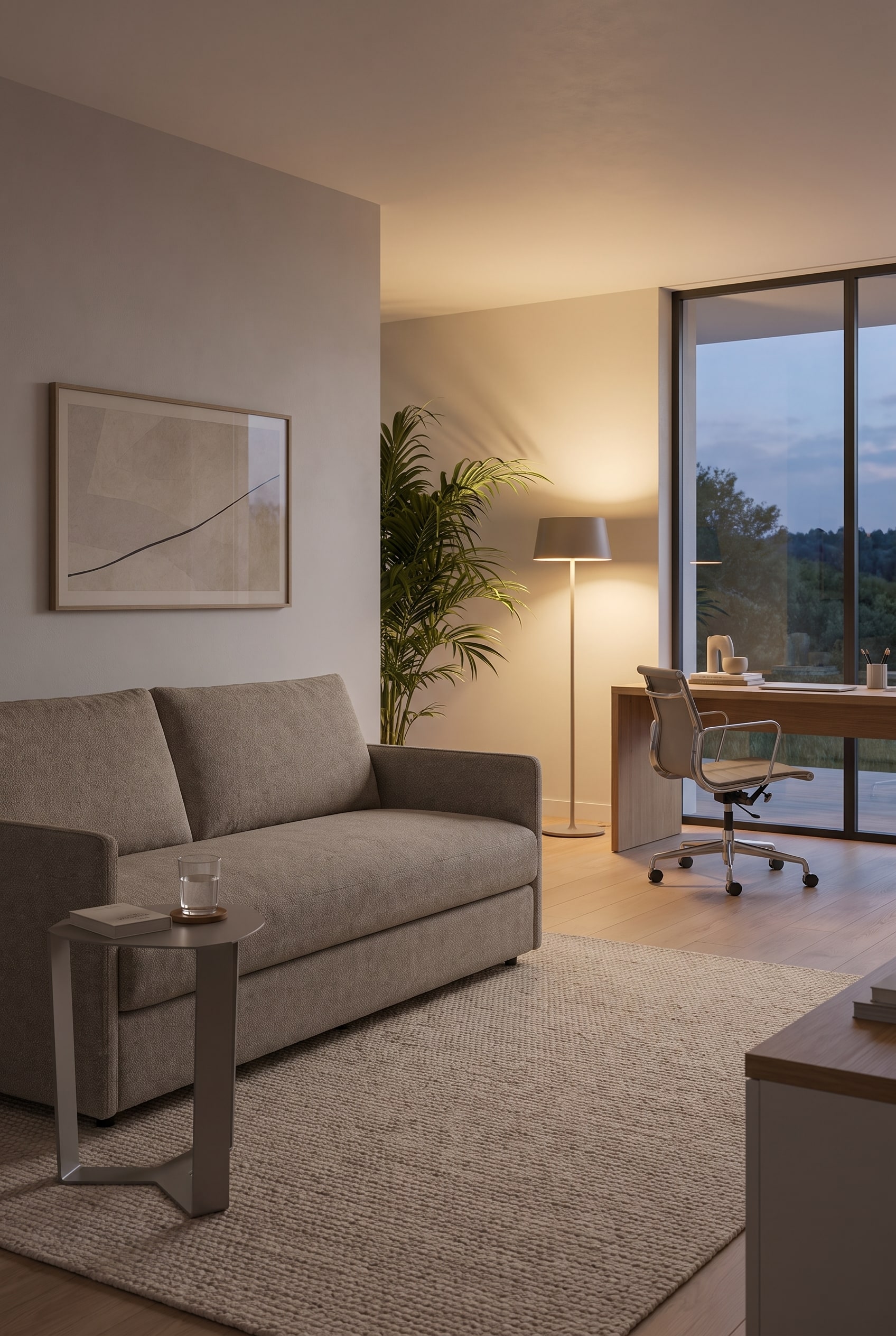 Kompaktes Livitalia Schlafsofa Tokino mit schmalen Armlehnen in einem modernen Homeoffice