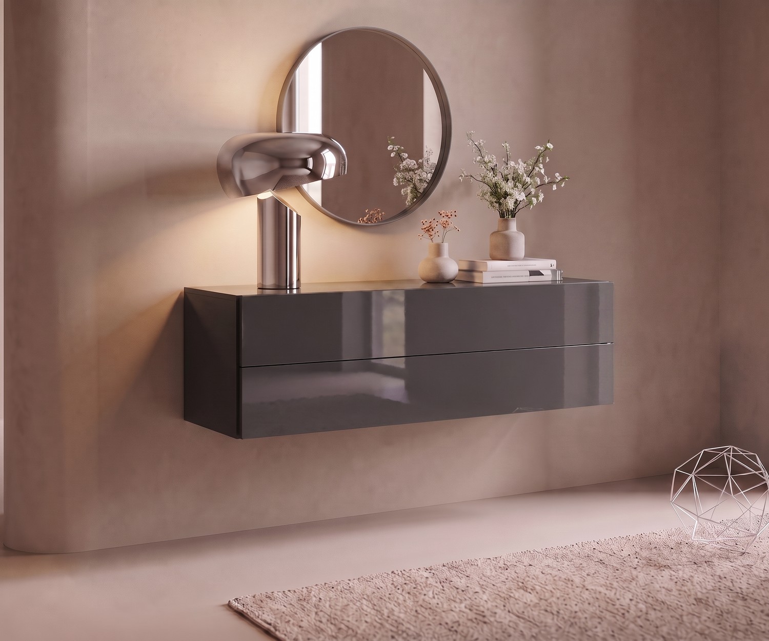 Hängekommode Easy von Novamobili im Flur für Stauraum, grau glänzend lackiert im modernen, minimalistischen Stil.