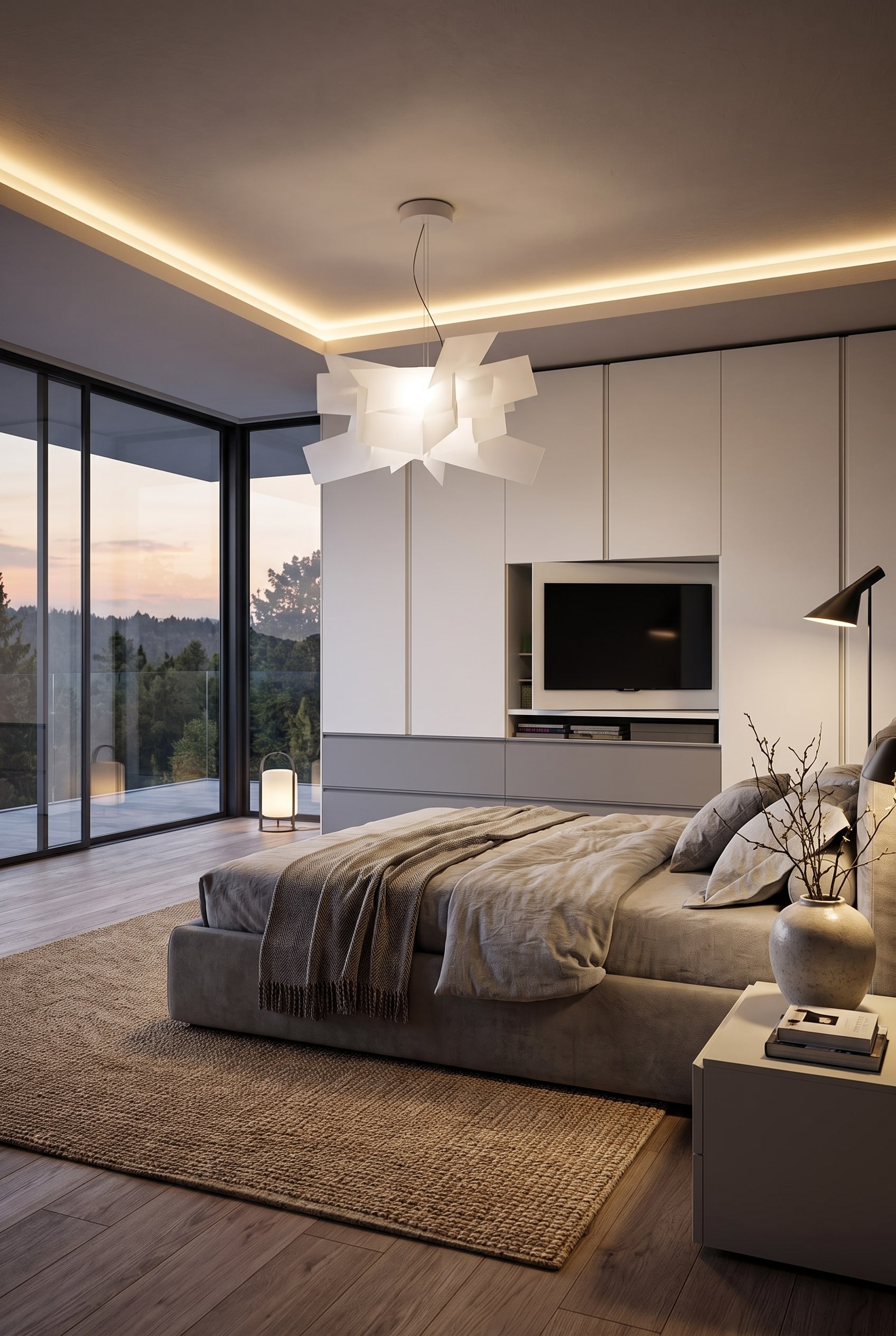 kleiderschrank schlafzimmer: Modernes Schlafzimmer mit weißem Kleiderschrank und integriertem TV-Fach in der Mitte, davor ein bequemer Polstersessel in Grau