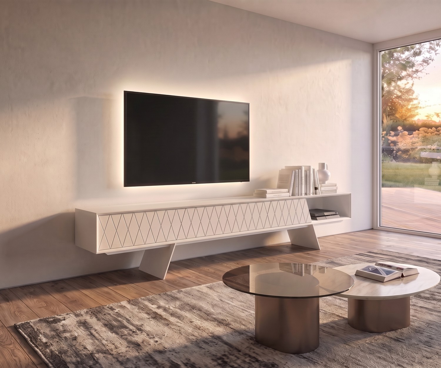 al2 e-klipse 008 TV-Lowboard in Weiß mit Rautenmuster, modernes Wohnzimmer mit Fernseher und Couchtisch.