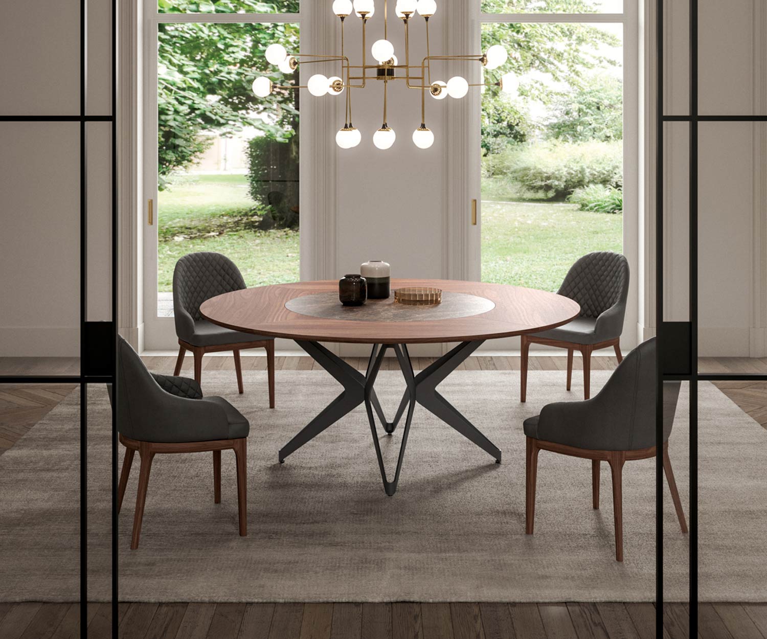 Exklsuiver Design Esstisch rund mit Tischplatte Emperador Glas Keramik
