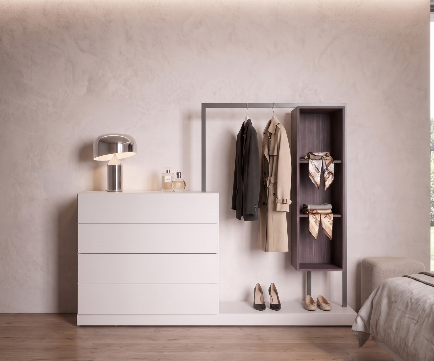 Novamobili Design Kommode Easy 4 mit Garderobe Novamobili Kommode Easy 4 mit Garderobe als stummer Diener im Flur, weiße Schubladen mit Kleiderstange und Holzregal.
