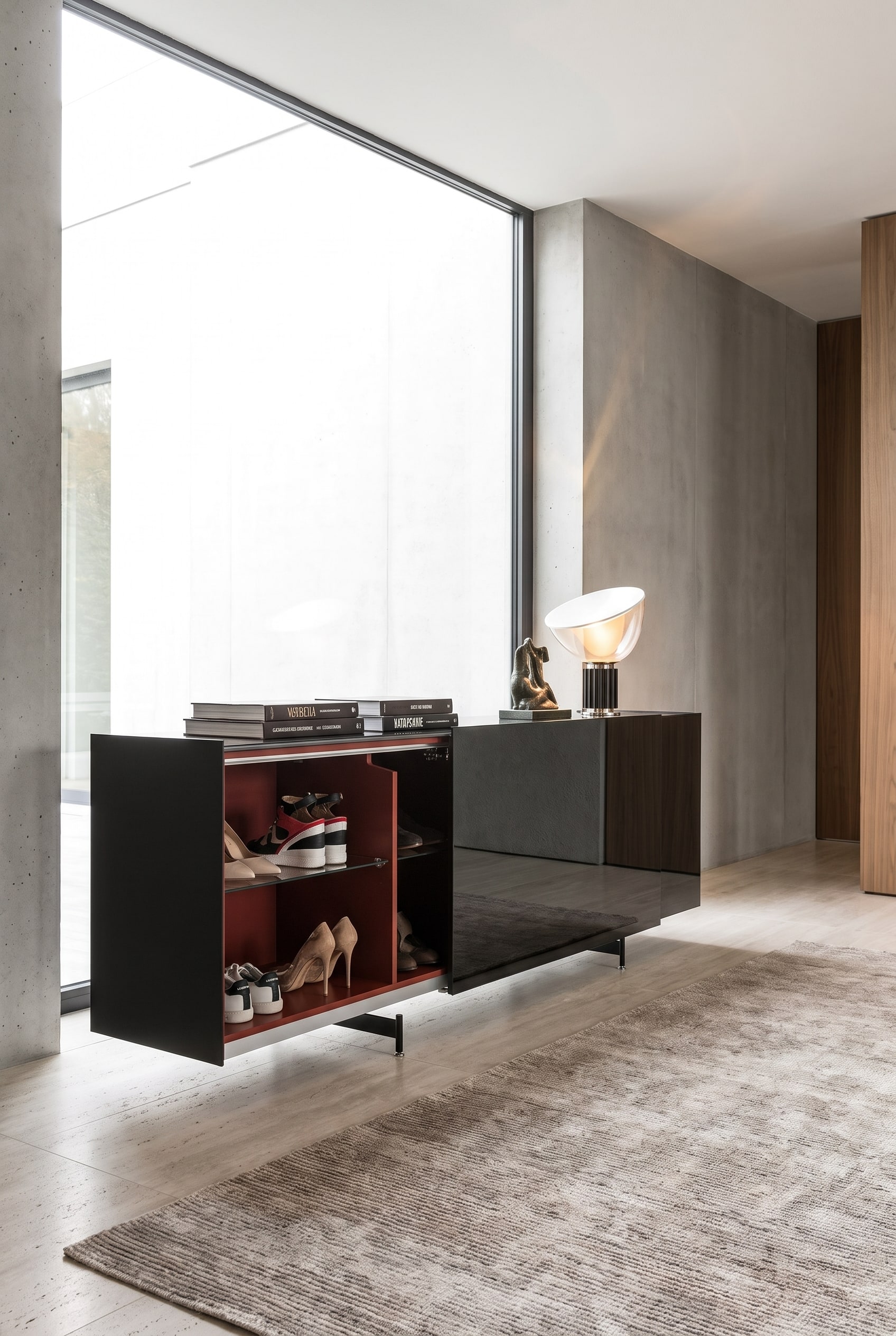 Ampio ingresso con una credenza di design a specchio, con libri illustrati impilati e una scultura