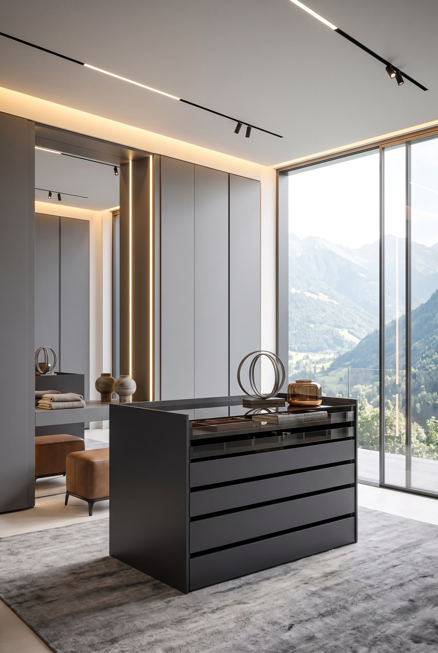 Cabina armadio di lusso con un'isola centrale freestanding in antracite, inserti in velluto sotto una lastra di vetro e armadi a tutta altezza circostanti