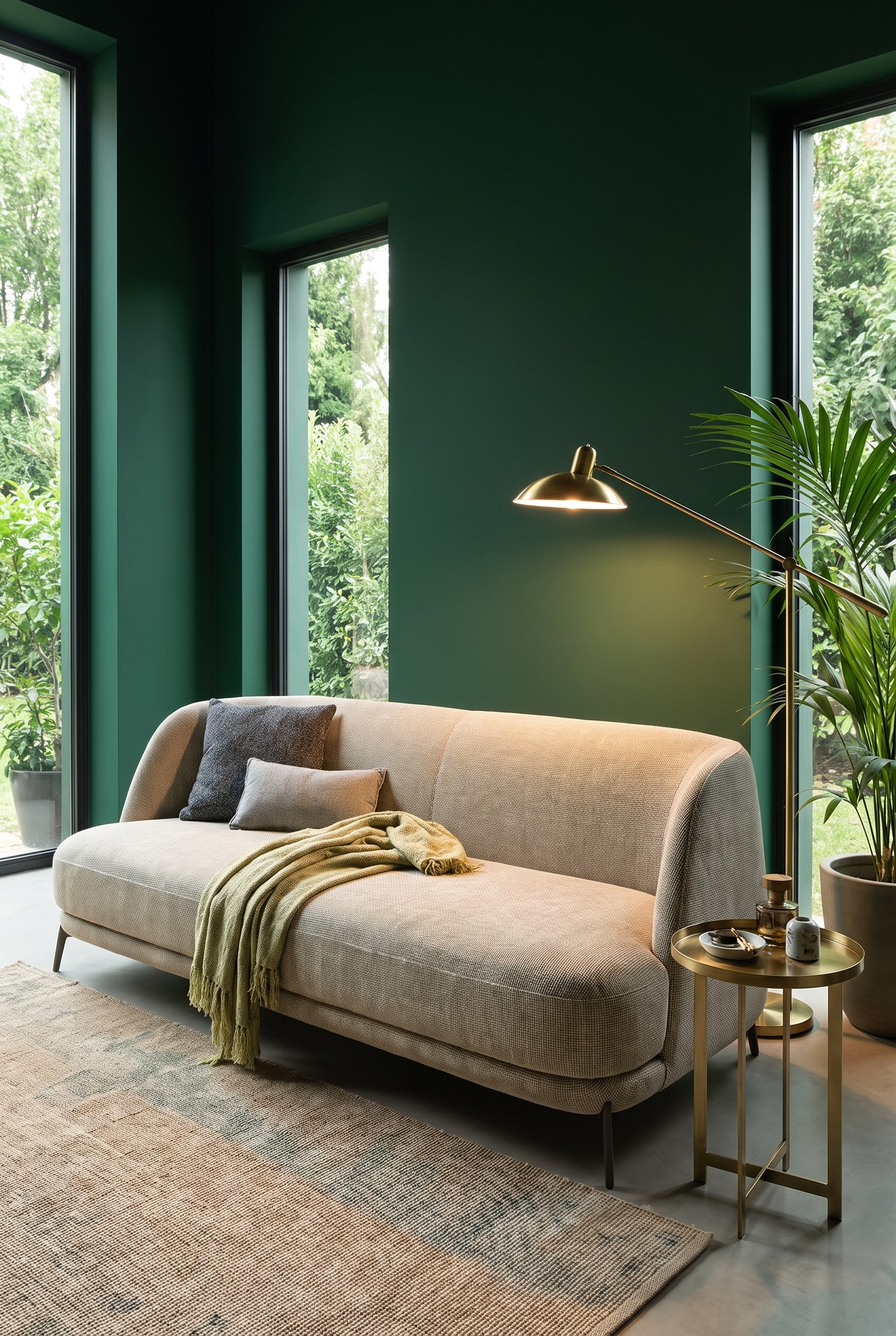 Elegantes Wohnzimmer mit tiefgr&uuml;nen W&auml;nden, gro&szlig;z&uuml;gigen Fenstern und einem hellbeigen Sofa mit abgerundeten R&uuml;ckenlehnen
