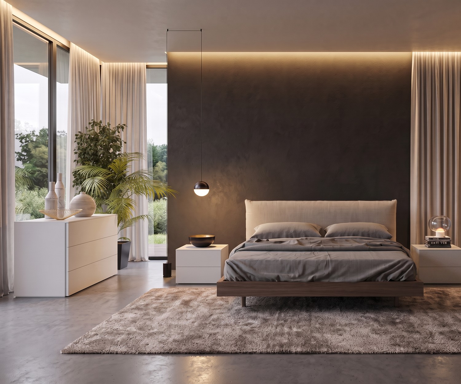 Livitalia Atena bedside table in a modern bedroom next to the bed, white nightstand with drawers for minimalist design.