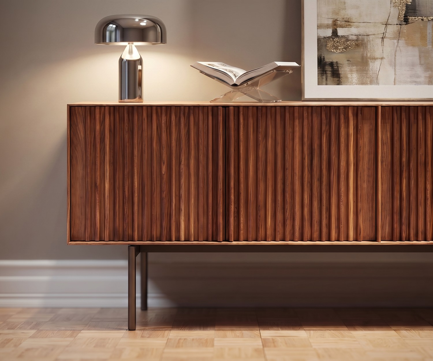 al2 ka-bera 003 A Sideboard mit Lamellen-Front al2 ka-bera 003 A Design Sideboard aus Walnuss mit Lamellen-Türen für stilvollen Stauraum im modernen Wohnzimmer.