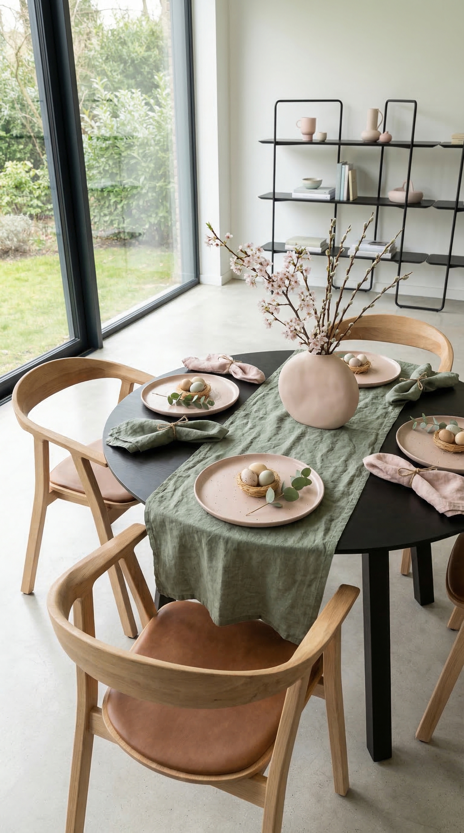 Ein festlich gedeckter Esstisch f&uuml;r den Osterbrunch in Salbeigr&uuml;n und Rosa vor gro&szlig;en Fenstern.