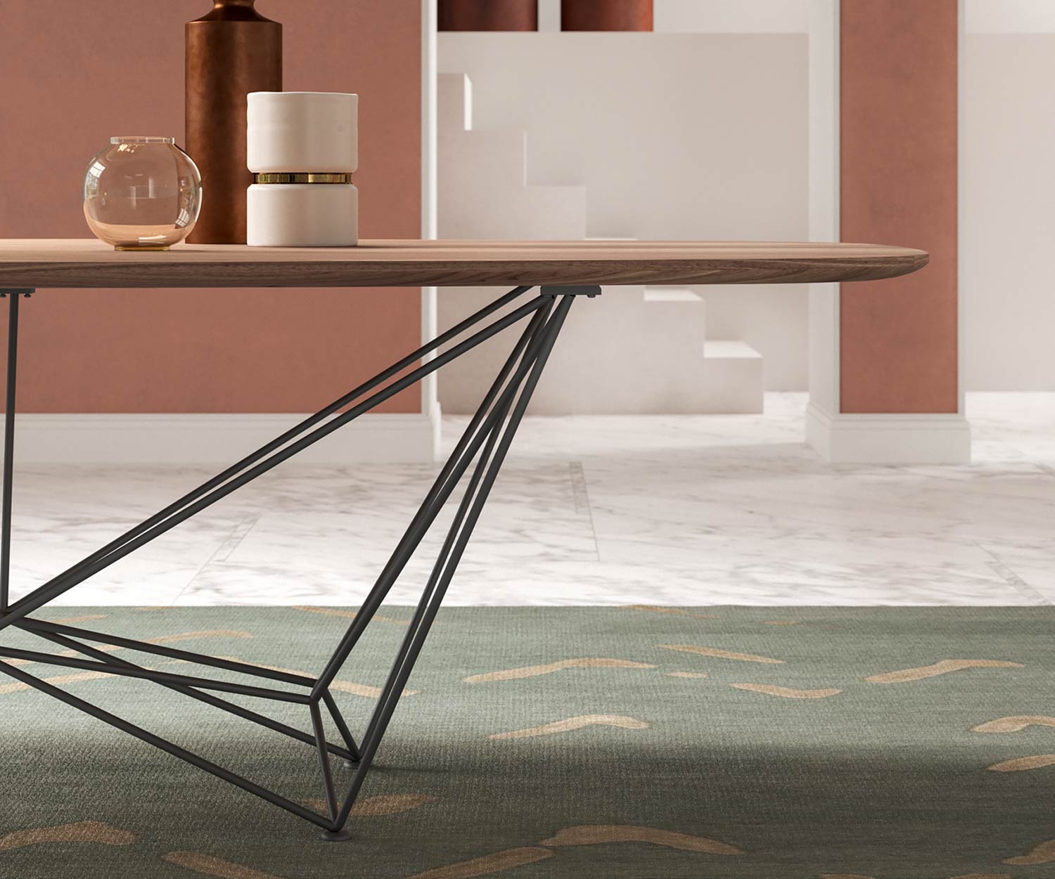 Exklusiver Design Esstisch Detail Tischgestell Stahl Tischplatte Walnuss Furnier