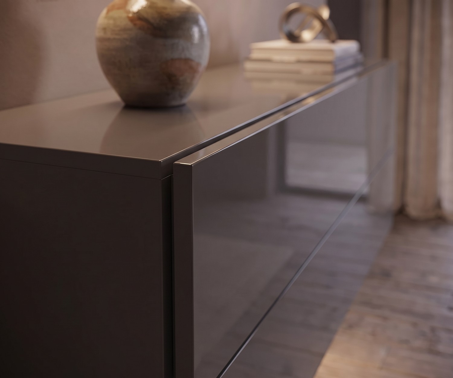 Hängekommode Easy von Novamobili als elegantes Sideboard im Wohnzimmer, Hochglanz Quarzgrau, minimalistischer Stil.