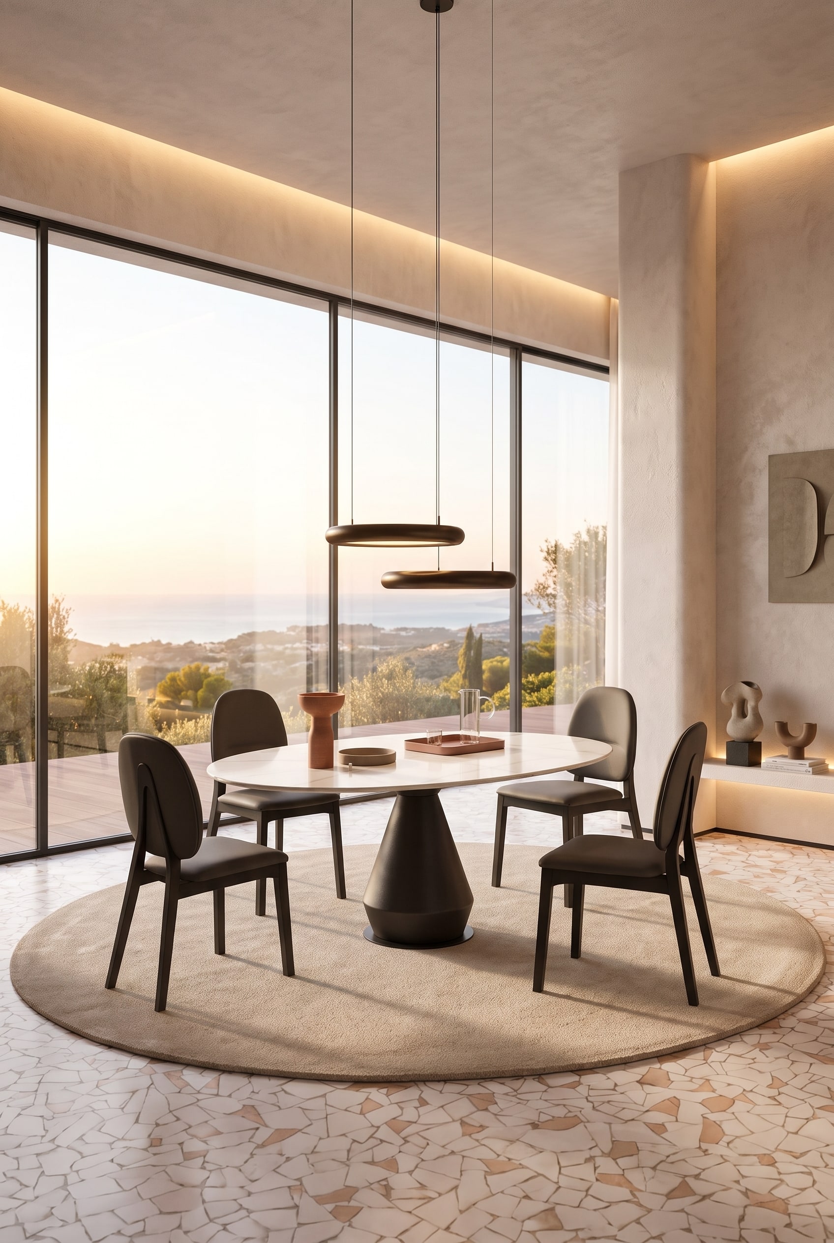 Sala da pranzo luminosa con tavolo rotondo allungabile in legno scuro e quattro sedie imbottite