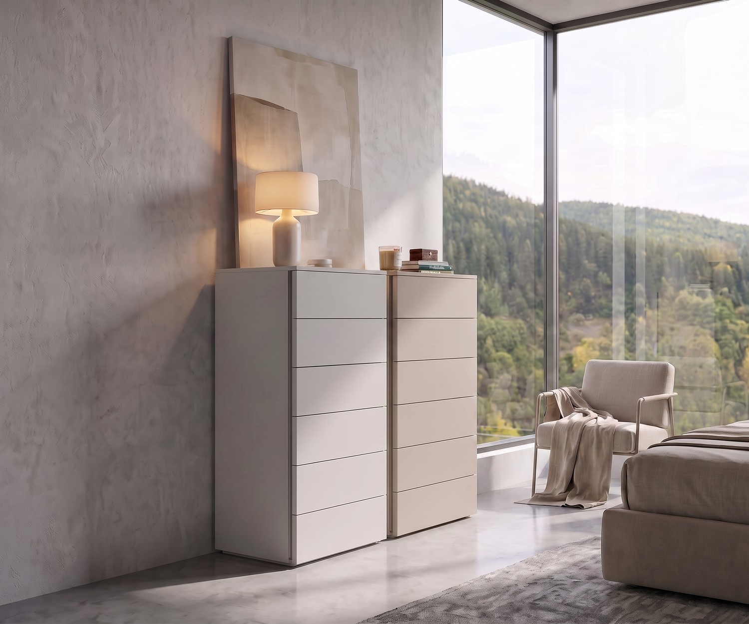 Livitalia Atena Hochkommode für das Schlafzimmer. Moderne, grifflose Kommode in Weiß und Beige für viel Stauraum.