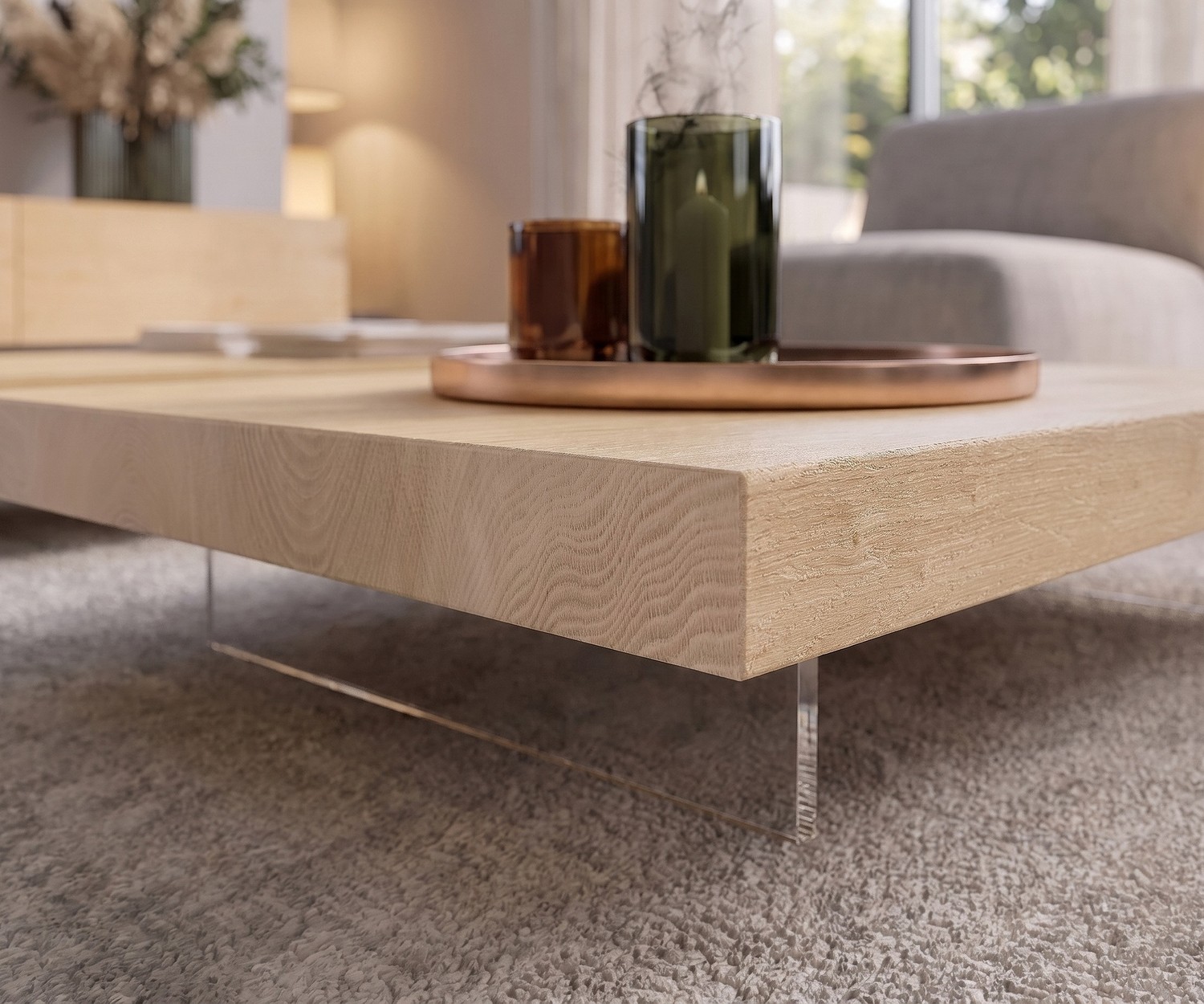 Livitalia Couchtisch Low aus hellem Eichenholz mit transparenten Glasfüßen für das moderne Wohnzimmer.