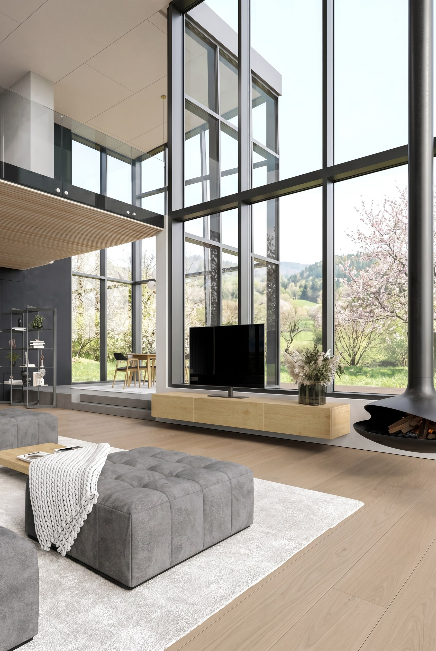 Floor-level, long lowboard made of light wood in a minimalist room