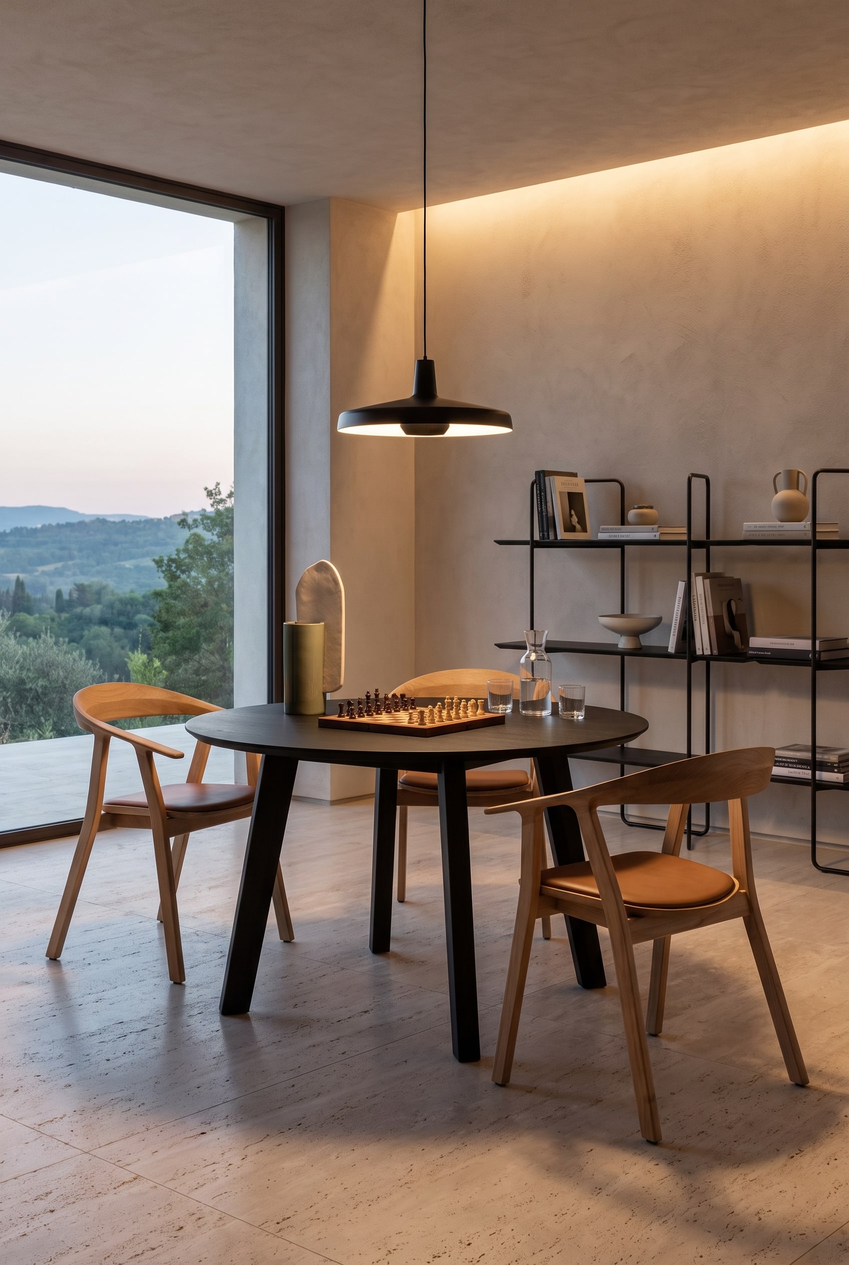 Sala da pranzo minimalista con un tavolo rotondo in legno nero e tre sedie in legno di quercia davanti a una libreria aperta in metallo nero