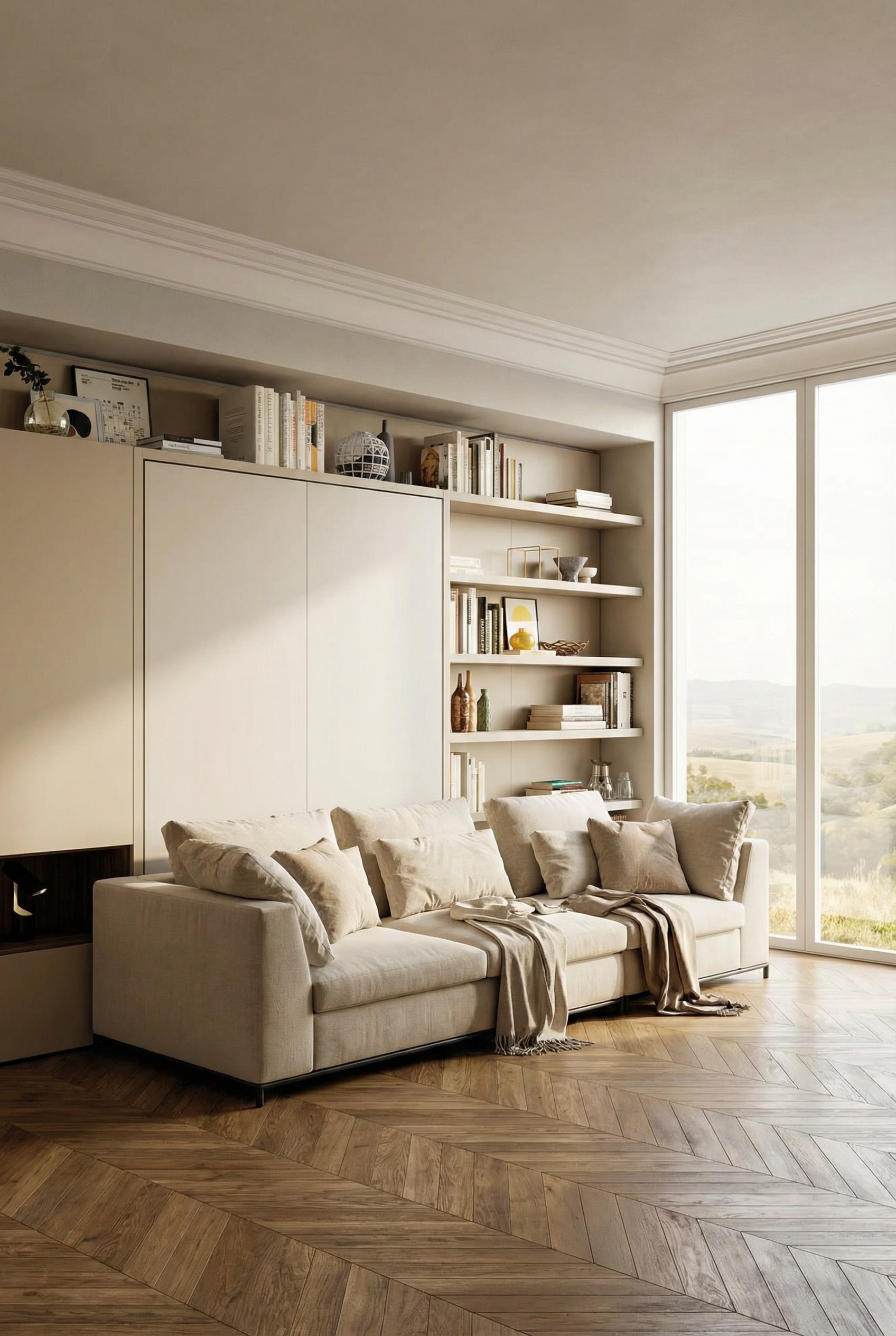High-quality, custom-made wall unit with integrated wall bed in warm color tones