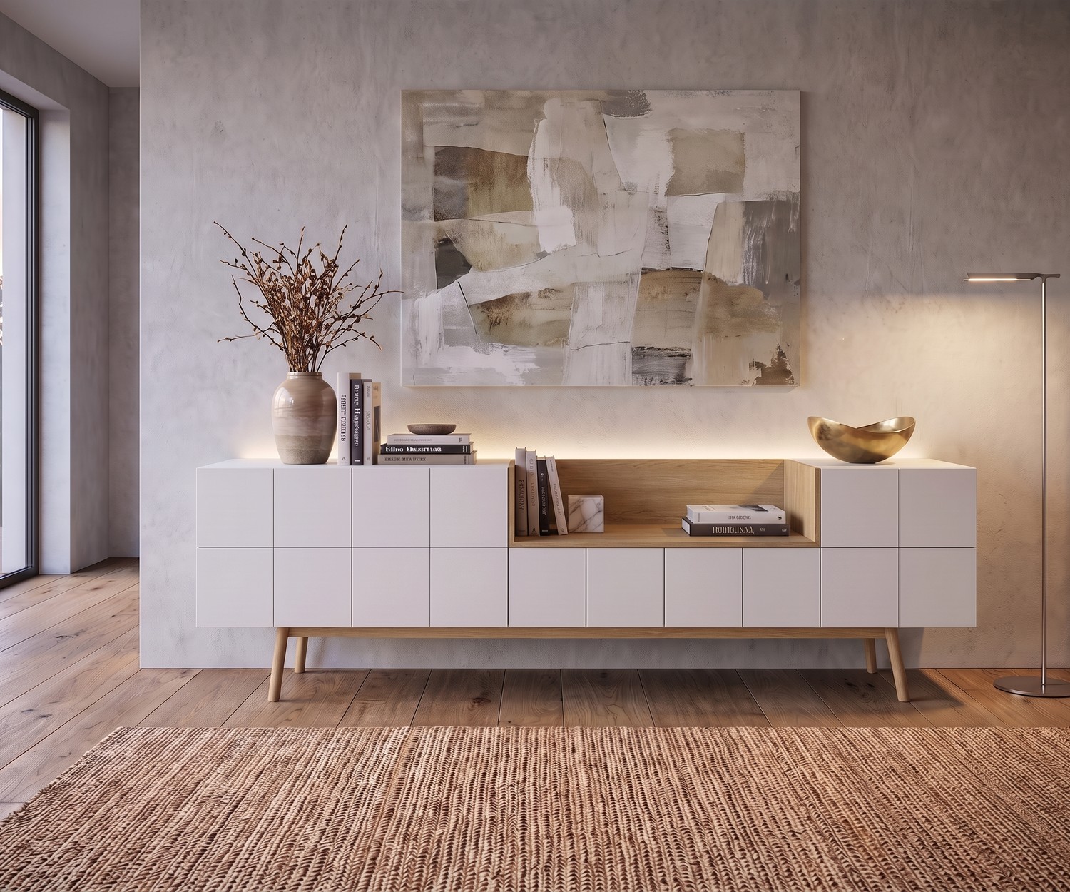 al2 Sideboard MOS-I-KO 003 A for the living room in matte white and oak, modern retro style with open compartment.