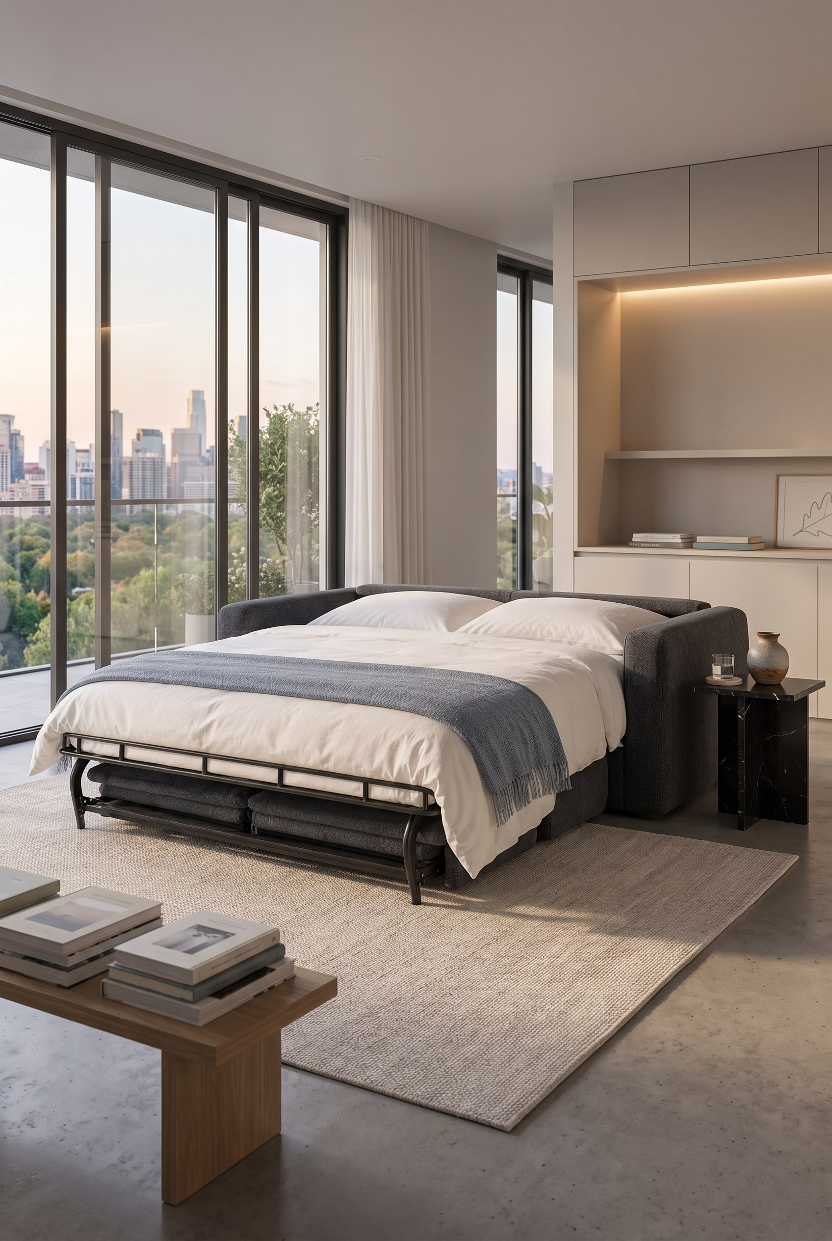 Ausgeklapptes Designer Schlafsofa Livitalia Dubleno in einer modern eingerichteten urbanen Ein-Zimmer-Wohnung.