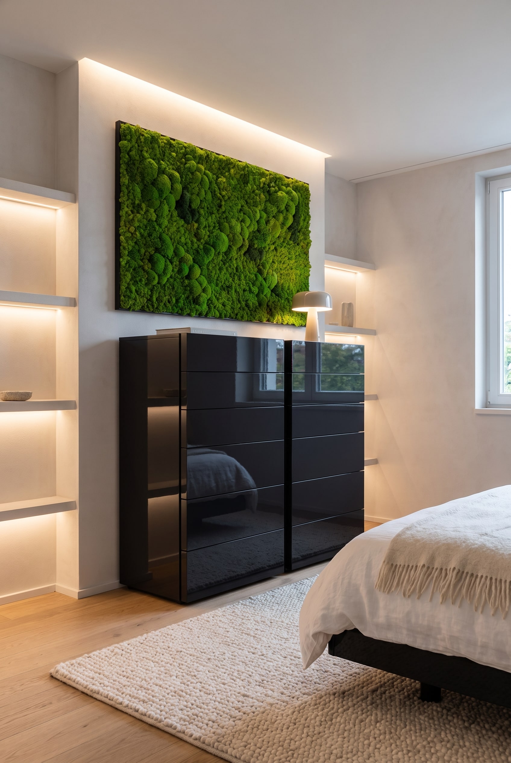 Una cassettiera alta nera con superficie lucida in una camera da letto luminosa, decorata con un quadro di muschio.