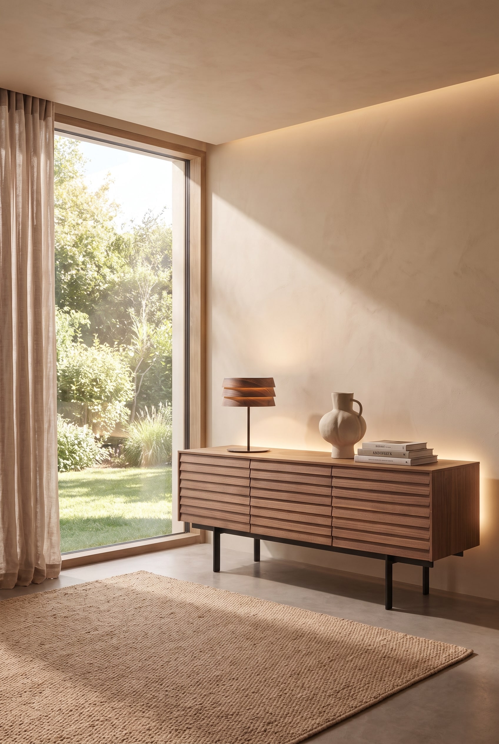 Modern living room with dark oak sideboard and elegant walnut table lamp in front of large windows
