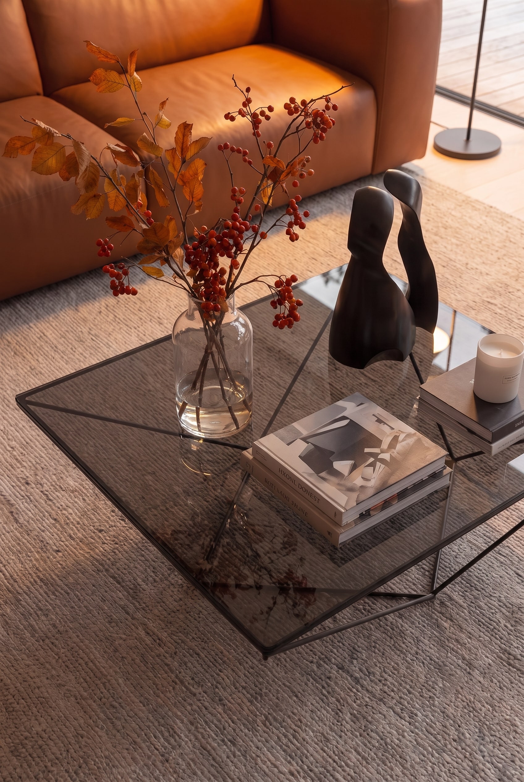 Vista a volo d'uccello su un tavolino da caff&egrave; di design quadrato con decorazioni disposte asimmetricamente di libri, una candela e un vaso di vetro organico