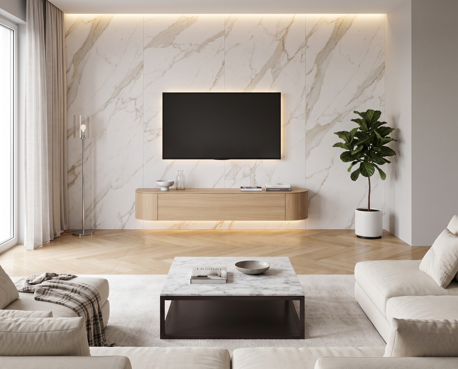 Novamobili Tondora lowboard in oak veneer, W 210 cm, wall-mounted in a living room Novamobili Tondora lowboard in oak veneer, W 210 cm, wall-mounted in a living room