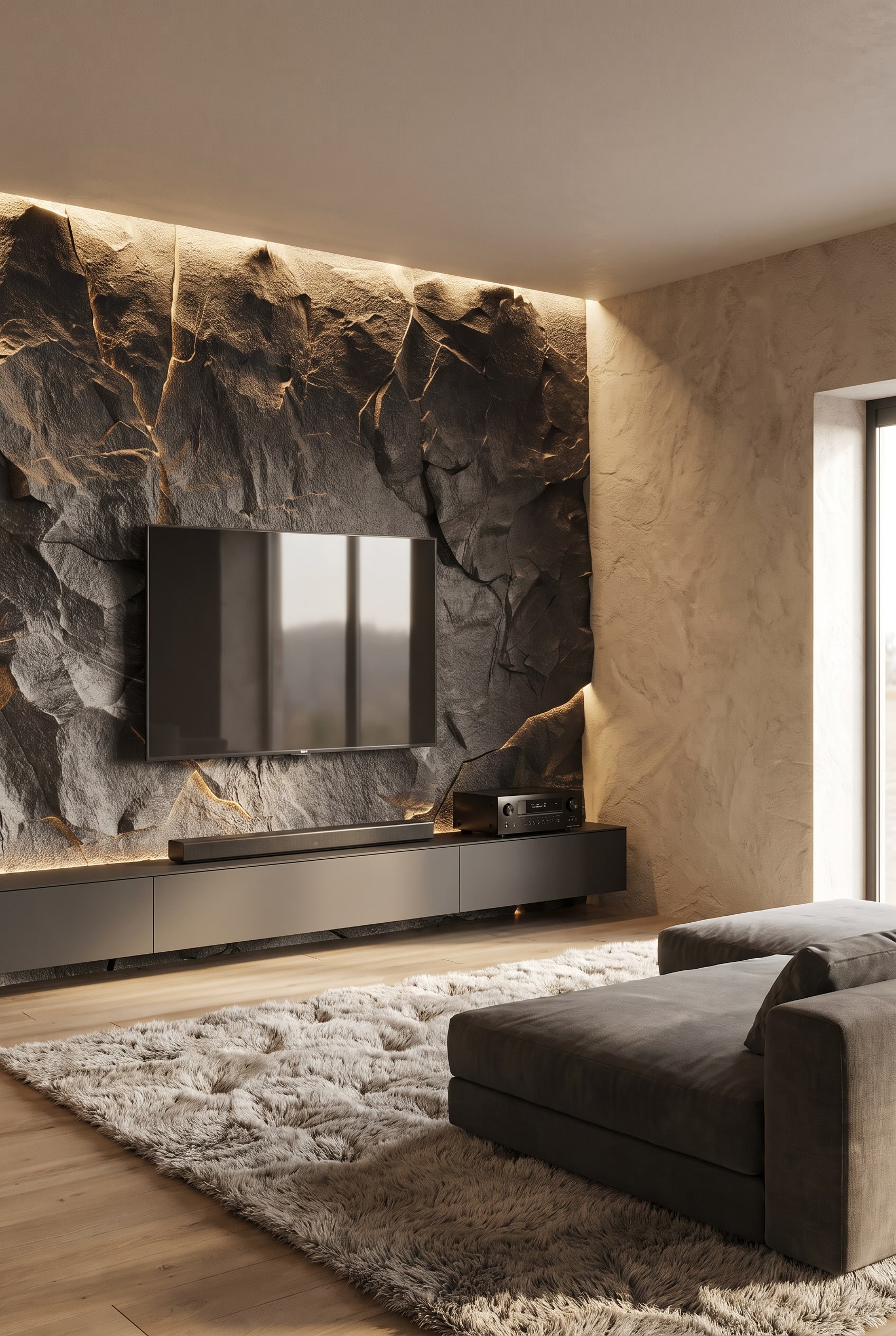 Monochromatic living room with an elegant Livitalia Box Lowboard, whose smooth fronts contrast sharply with structured walls and a deep wool rug.