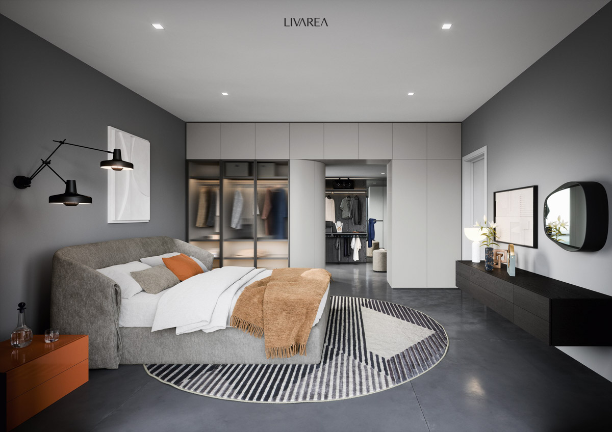 Separate customised dressing room in matt white and with ribbed glass doors with trouser rack Separate customised dressing room in matt white and with ribbed glass doors with trouser rack