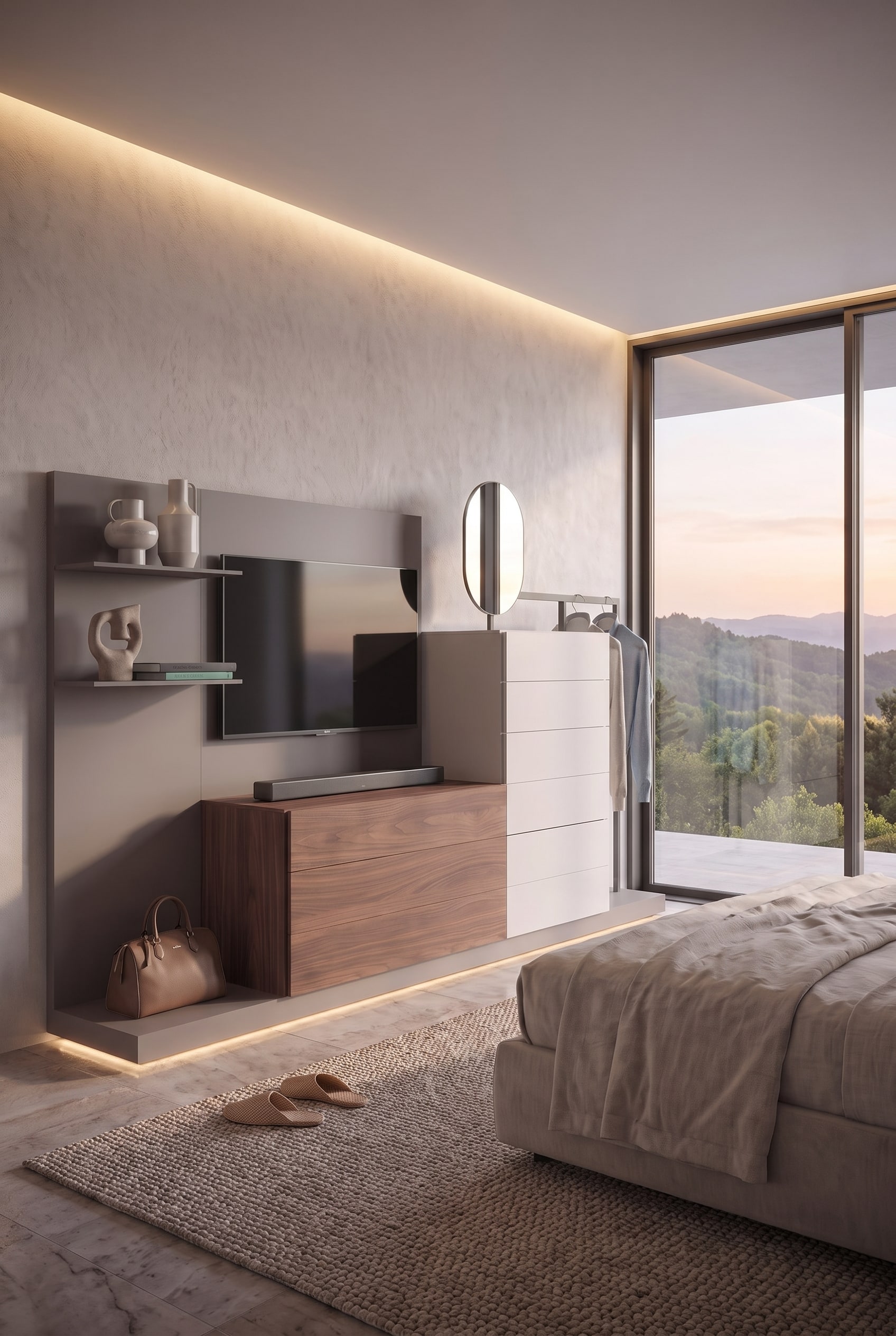 Moderne slaapkamer met grote ramen, bed en een multifunctionele tv-wand met commode en garderobe.