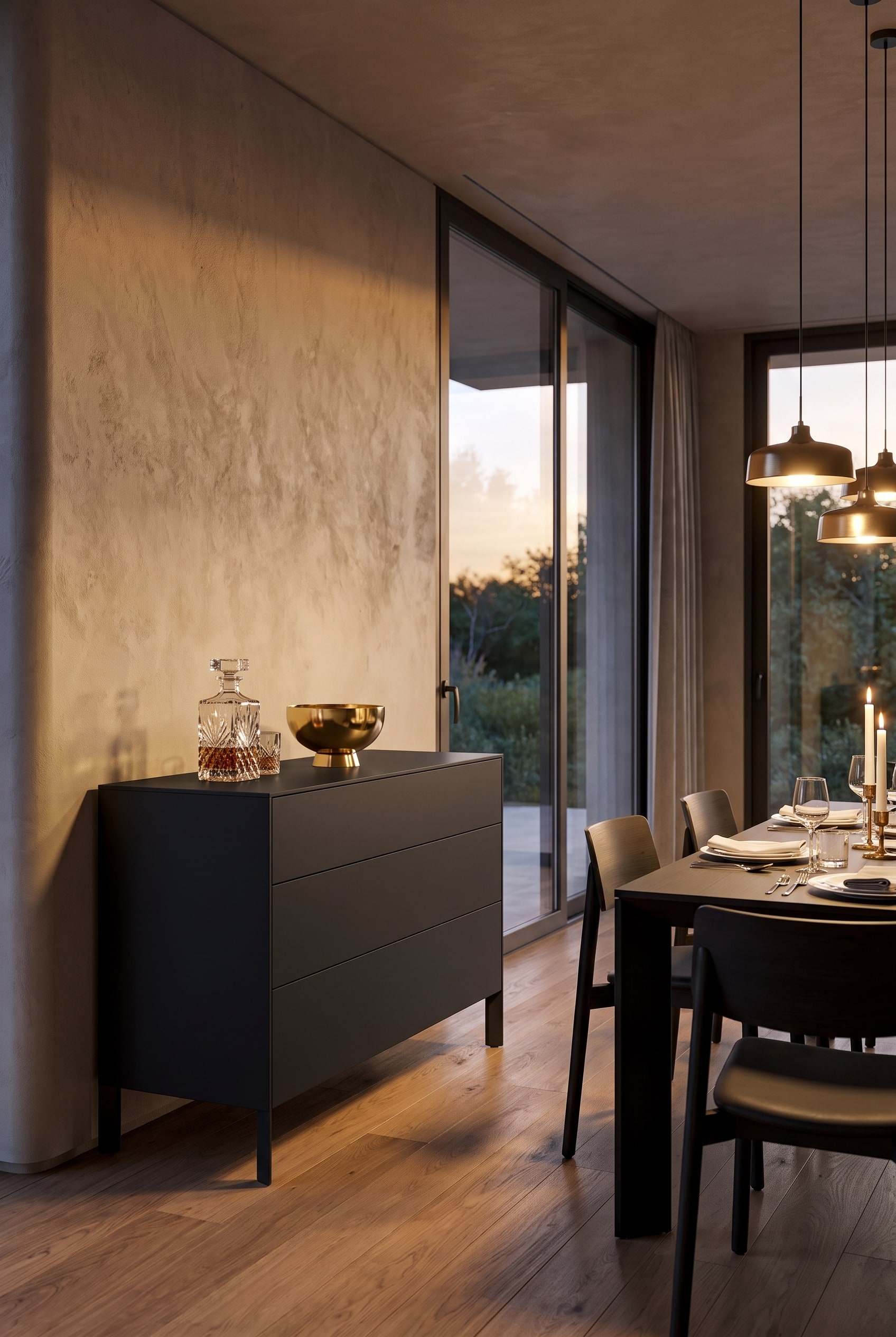 Matte black chest of drawers in an elegant dining room with glossy decor on warm oak parquet flooring