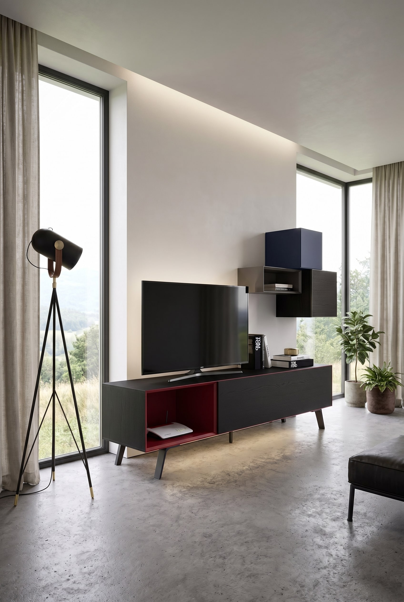 Minimalistische woonkamer met Livitalia Minimal Lowboard in Eiken Zwart en donkerrood, en een eenvoudige staande lamp