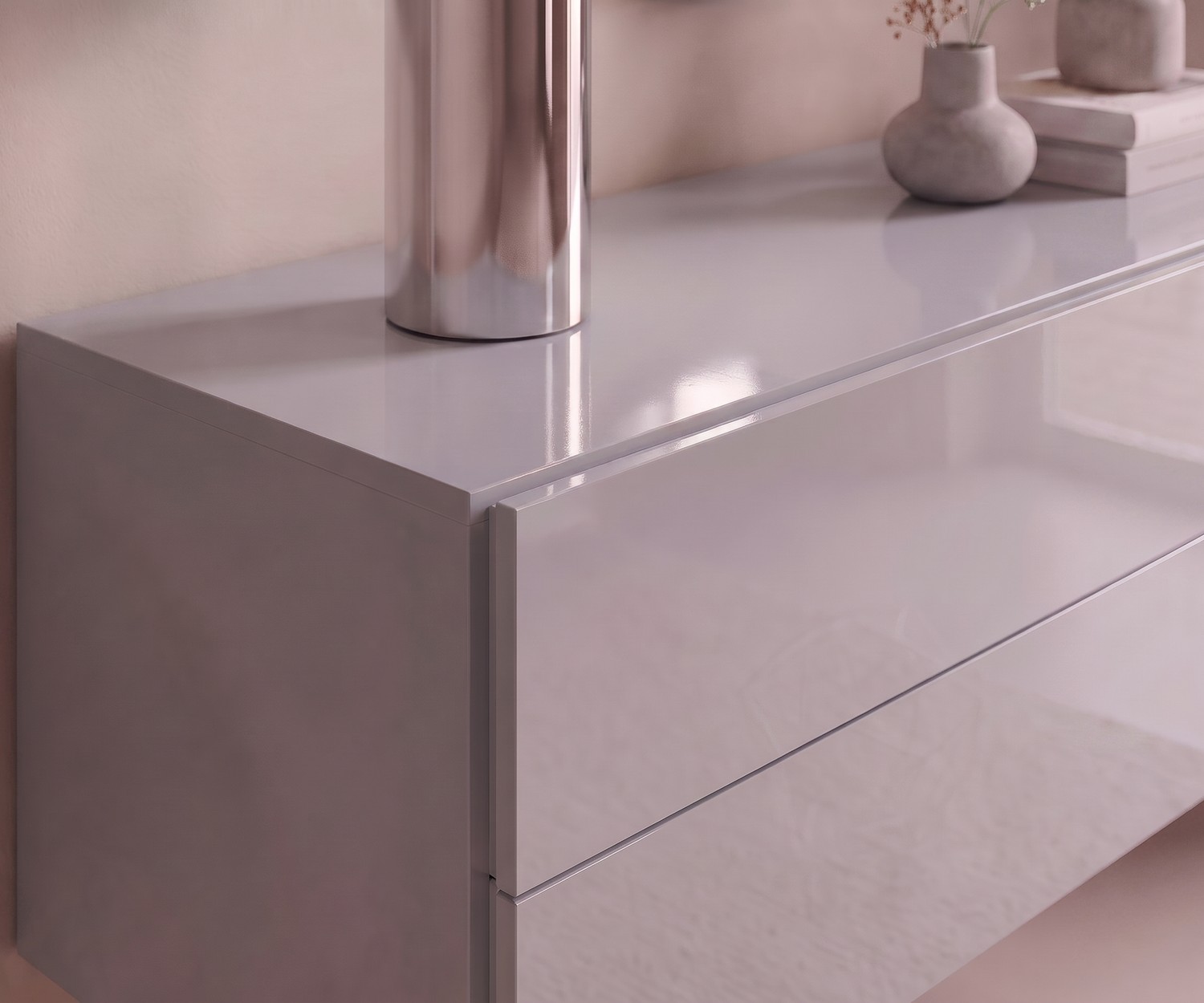 Hängekommode Easy von Novamobili für Stauraum im Schlafzimmer, Hochglanz-Hellgrau im modernen italienischen Design.