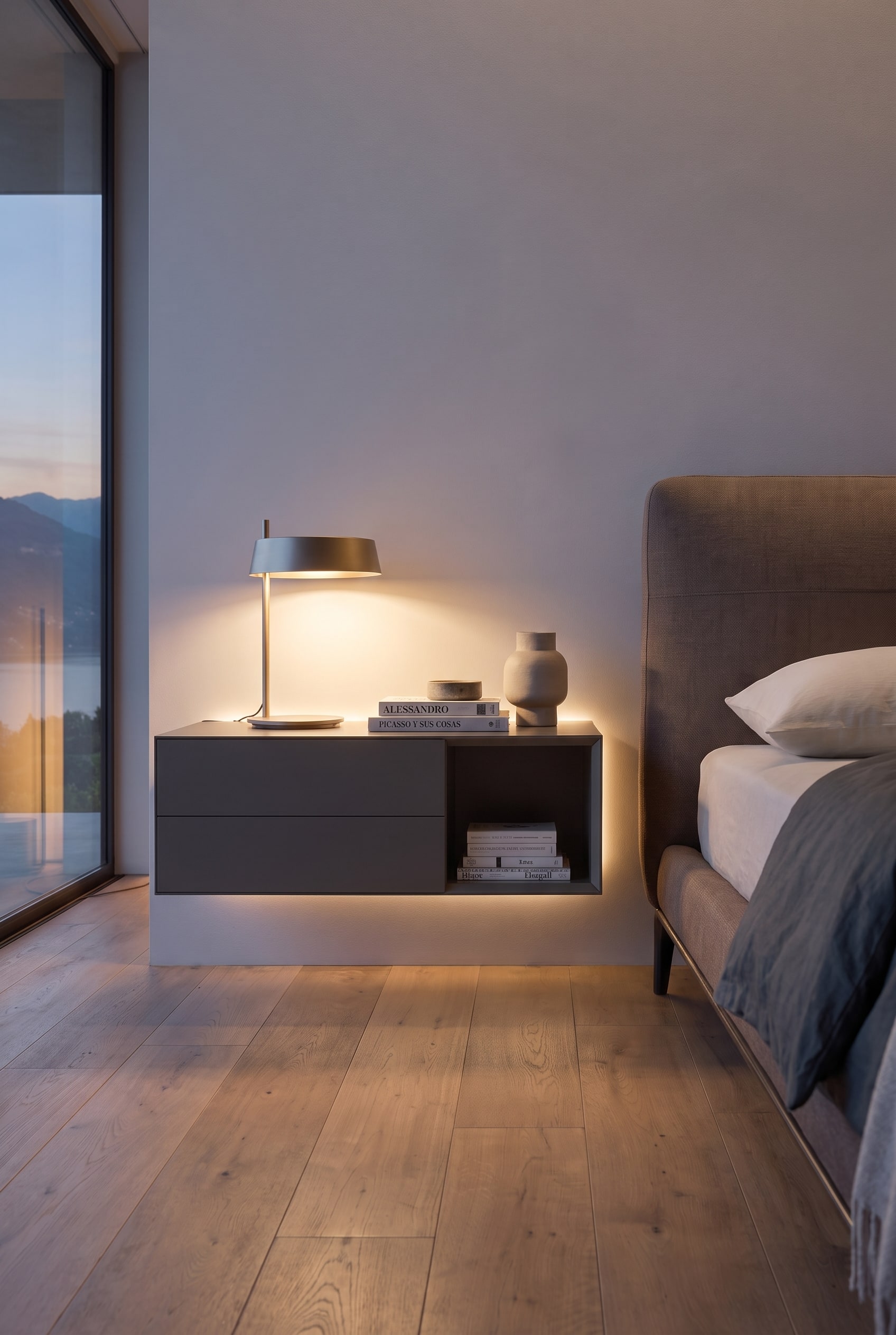 Comodino sospeso con illuminazione indiretta sotto il corpo, posizionato accanto a un letto imbottito. Nel vano aperto ci sono libri.