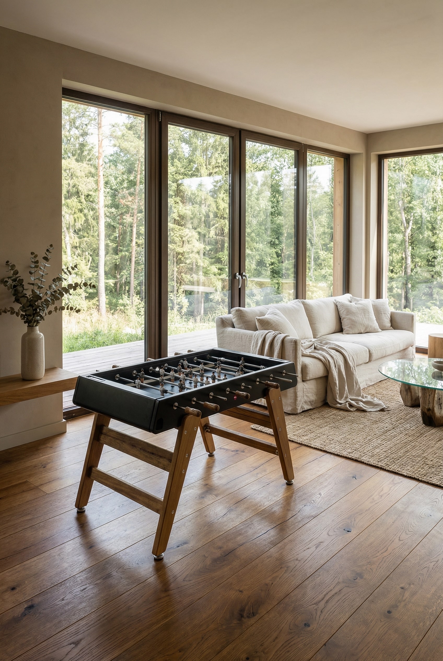 Designer wooden foosball table in a cozy Scandinavian living room with wooden parquet flooring and floor-to-ceiling windows.
