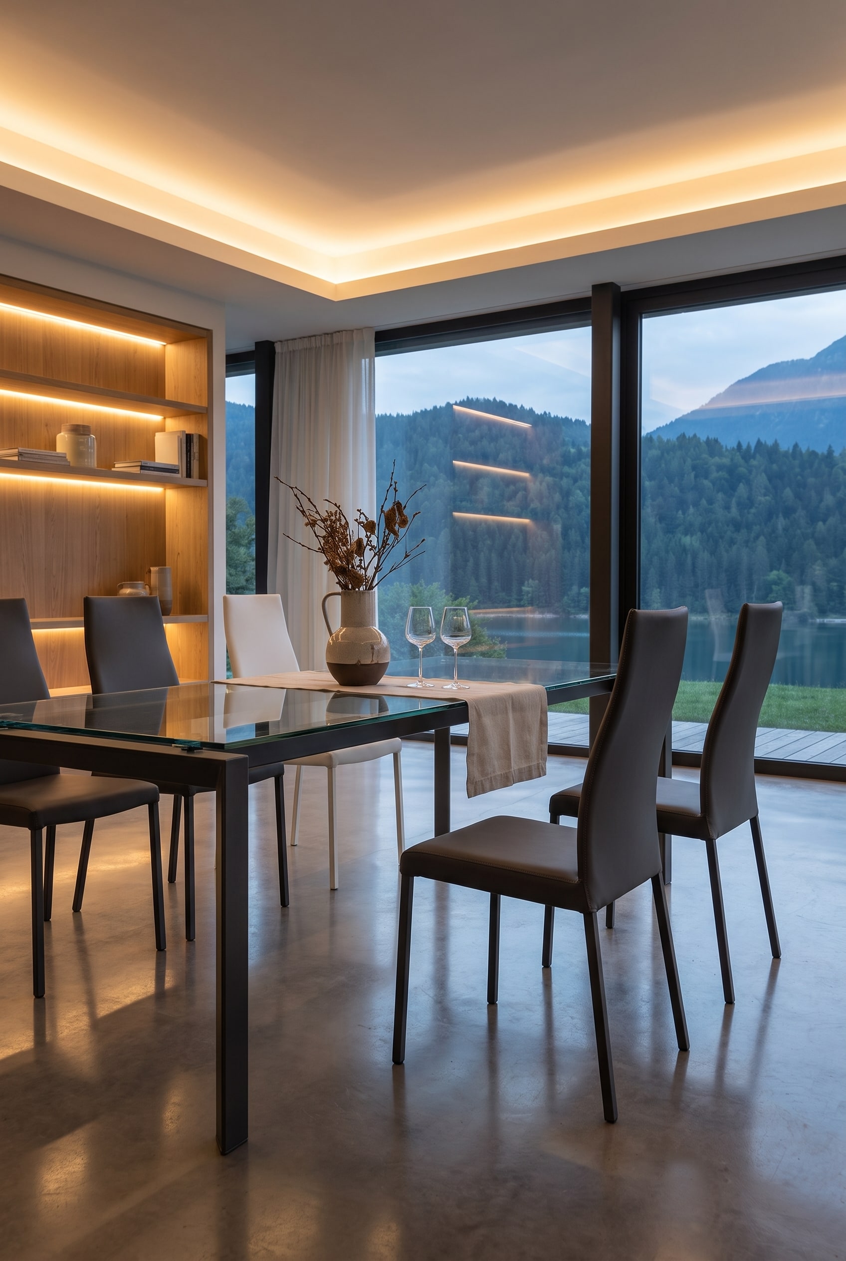 Moderne eetkamer met glazen tafel, witte Ozzio lederen stoelen en subtiele indirecte verlichting