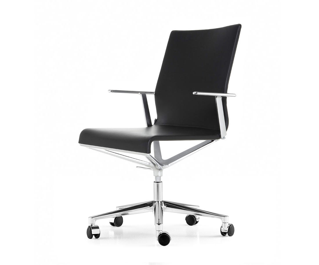 Design Bürostuhl Aluminium ICF Stick ETK Chair Schwarz Leder mit Rollen