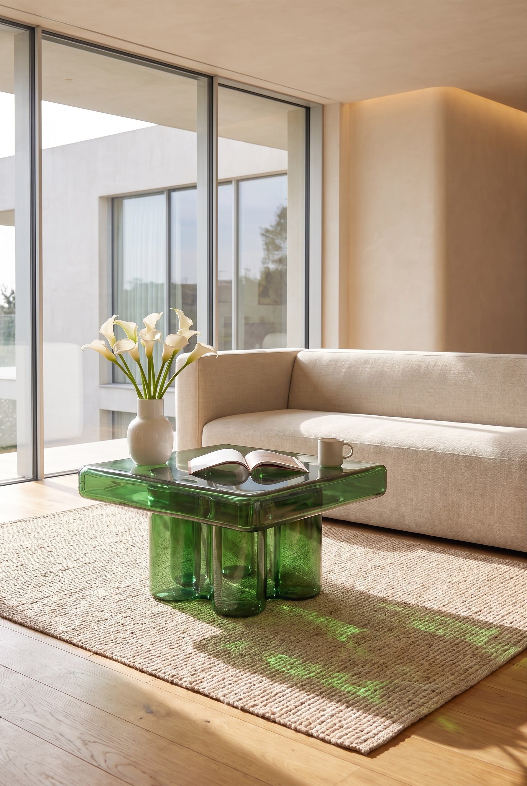 Stylish living room with square Murano glass coffee table and light fabric sofa