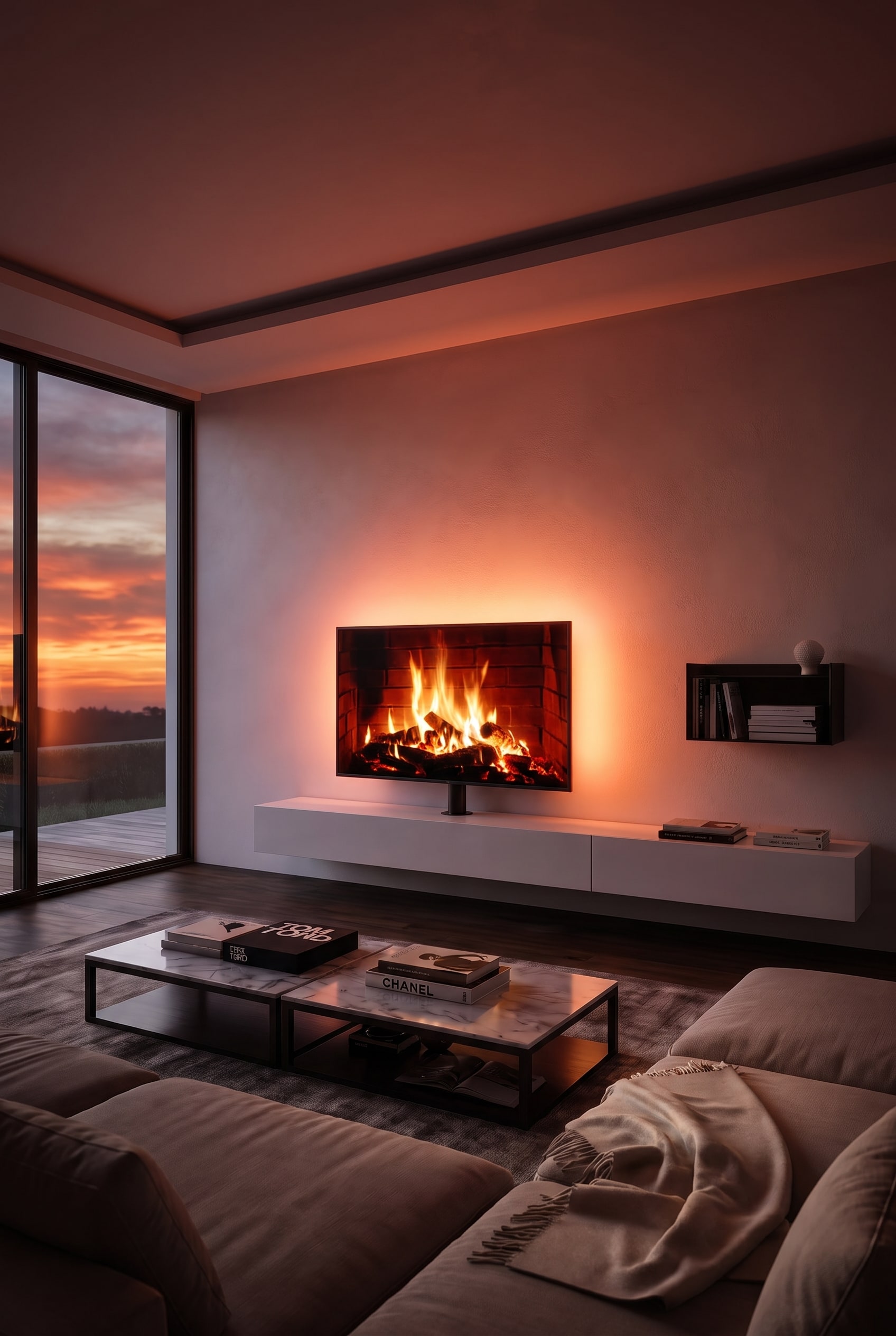 Minimalist living room with white lowboard, integrated TV mount, and flat screen with soft backlighting