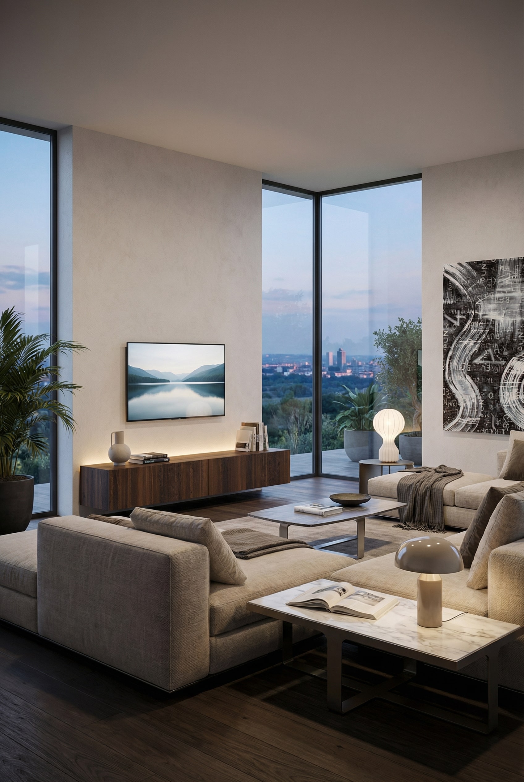 Meuble bas en ch&ecirc;ne brun fonc&eacute; pos&eacute; au sol avec t&eacute;l&eacute;viseur et d&eacute;coration discr&egrave;te