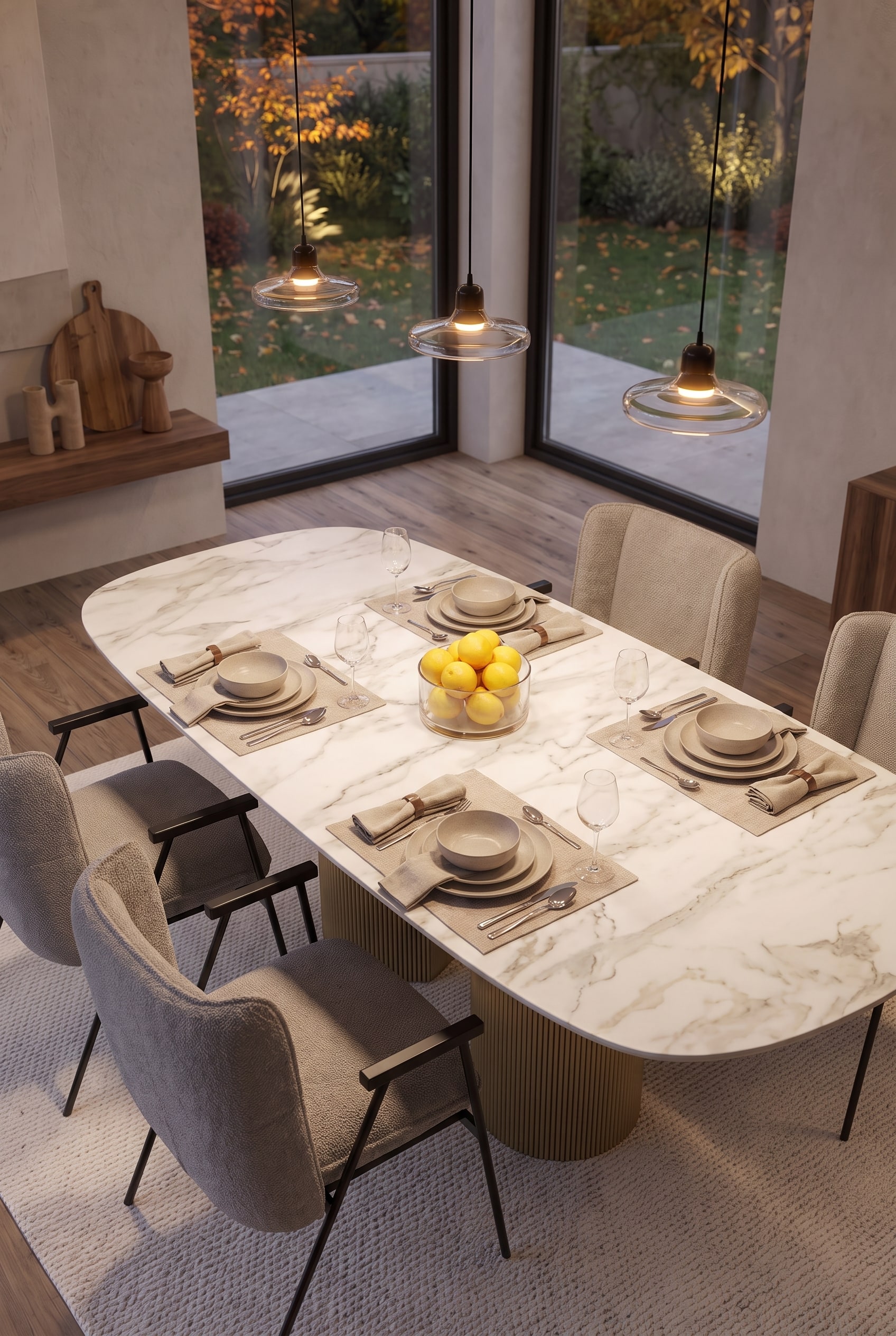 Bovenaanzicht van de symmetrisch gedekte eettafel voor zes personen met stoffen servetten en herfsttuin op de achtergrond.