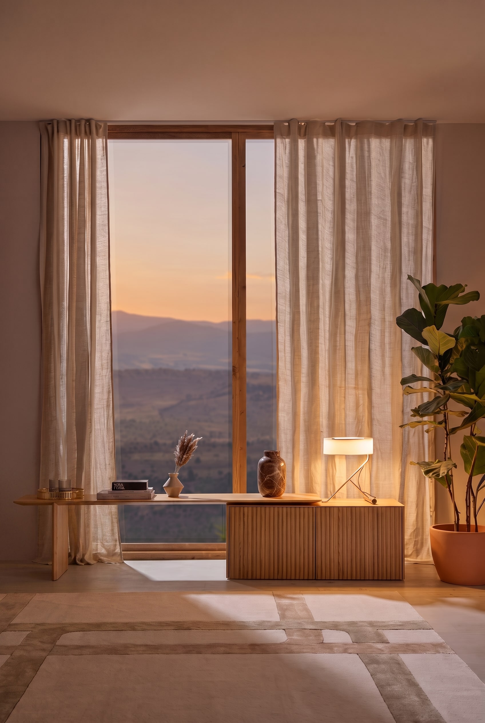 Licht Punt Velasca dressoir voor een groot panoramaraam met subtiele decoratie en een grote vioolbladplant.