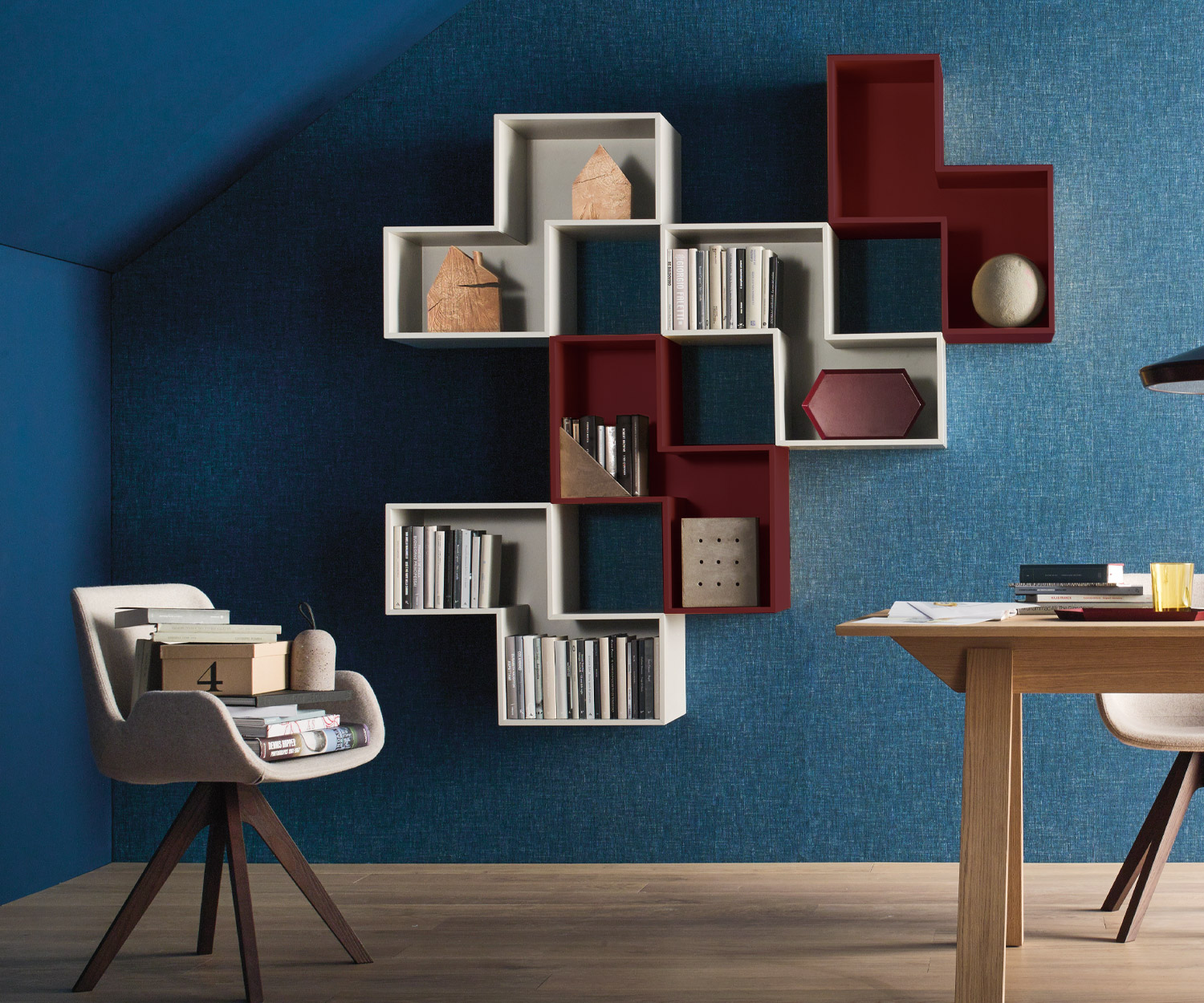 Exklusives offenes Livitalia Design Wandregal Tetris im Wohnzimmer