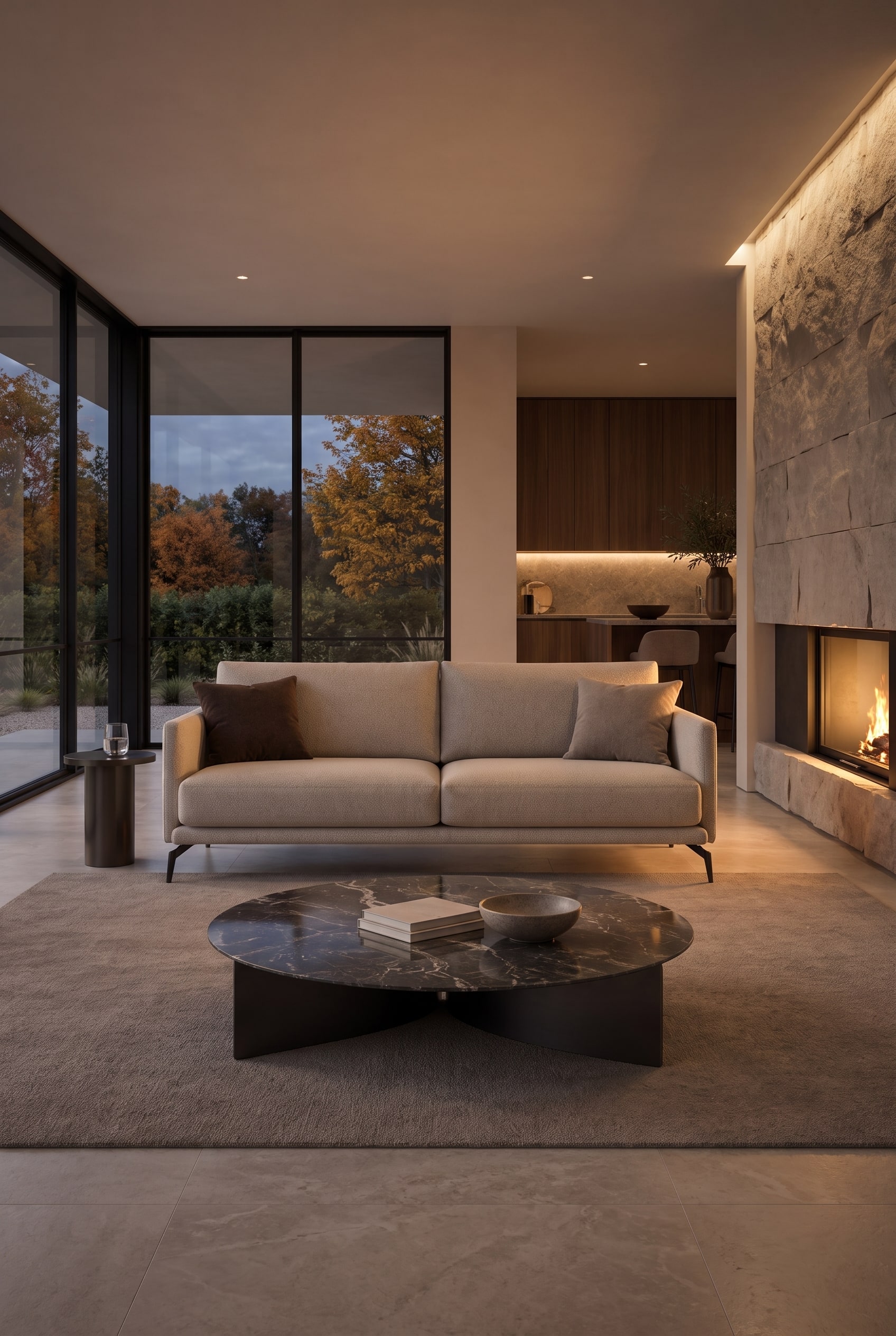 wohnzimmer einrichtungsideen: Livitalia Sofa Lisbora im modernen Wohnzimmer mit großen Fensterfronten
